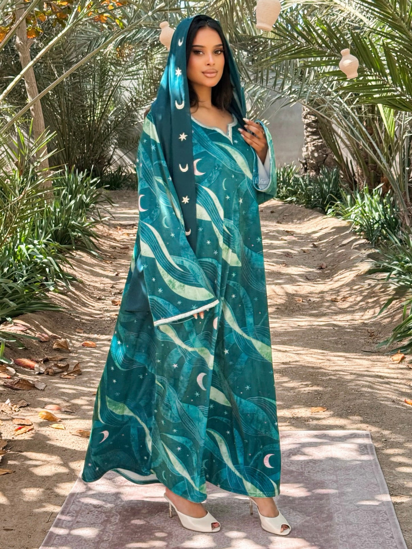 MEI706 - Green Stars & Moon Embroidered Jalabiya with Headscarf