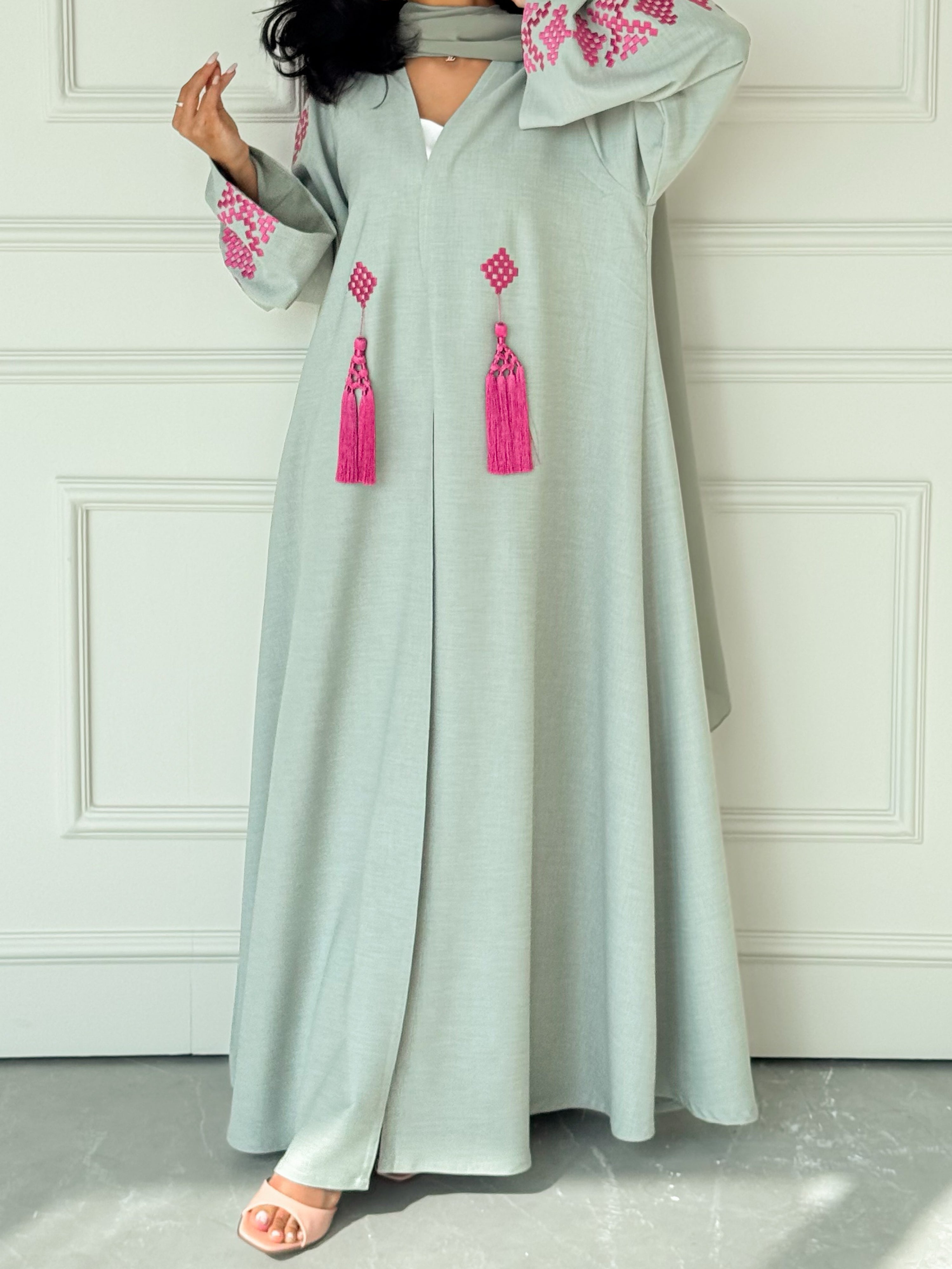 MEI623 - Light Green Abaya with Pink Embroidery