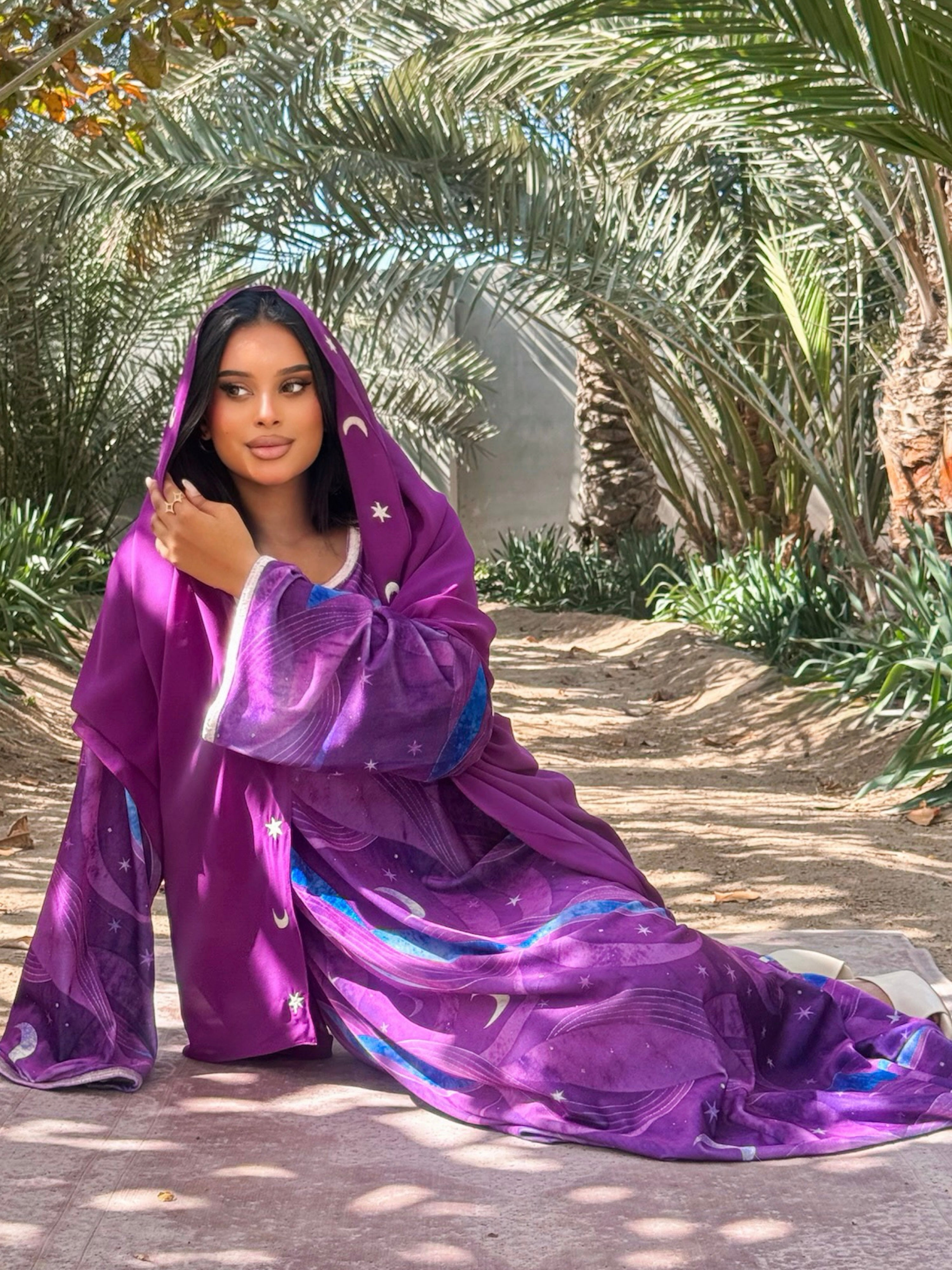 MEI708 - Purple Stars & Moon Embroidered Jalabiya with Headscarf