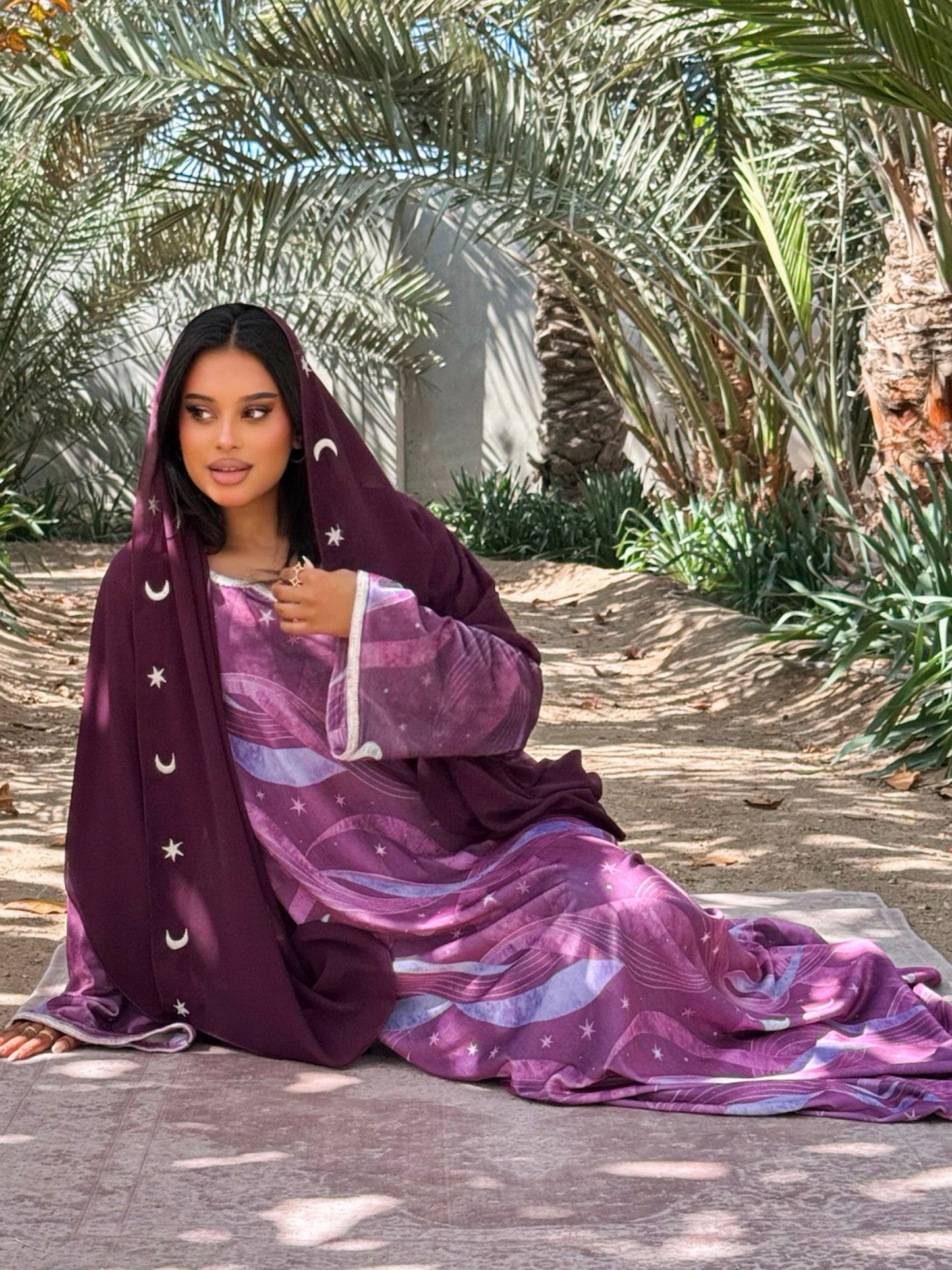 MEI710 - Burgundy Stars & Moon Embroidered Jalabiya with Headscarf