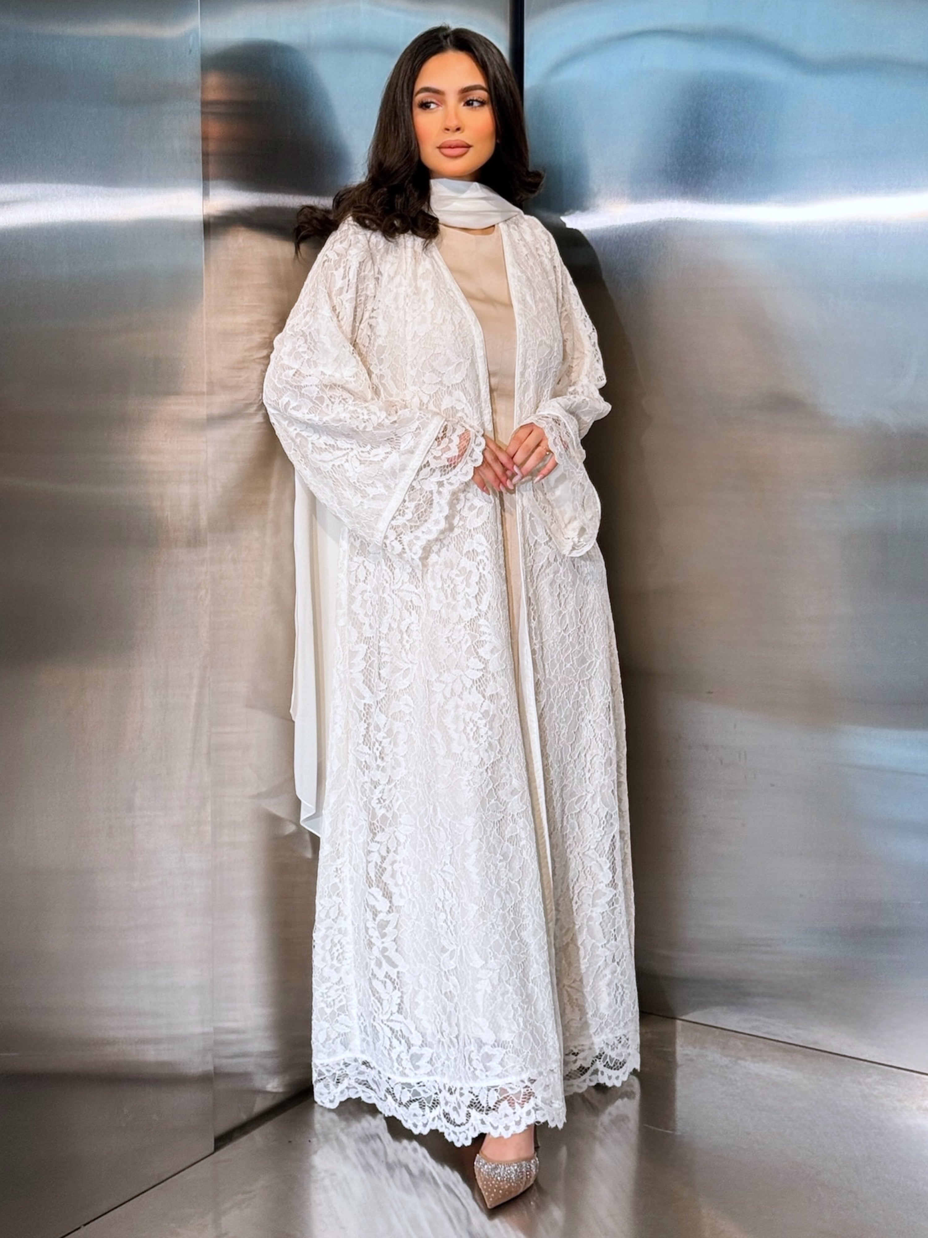 MEI712 - Off White Lace Abaya with Matching Headscarf