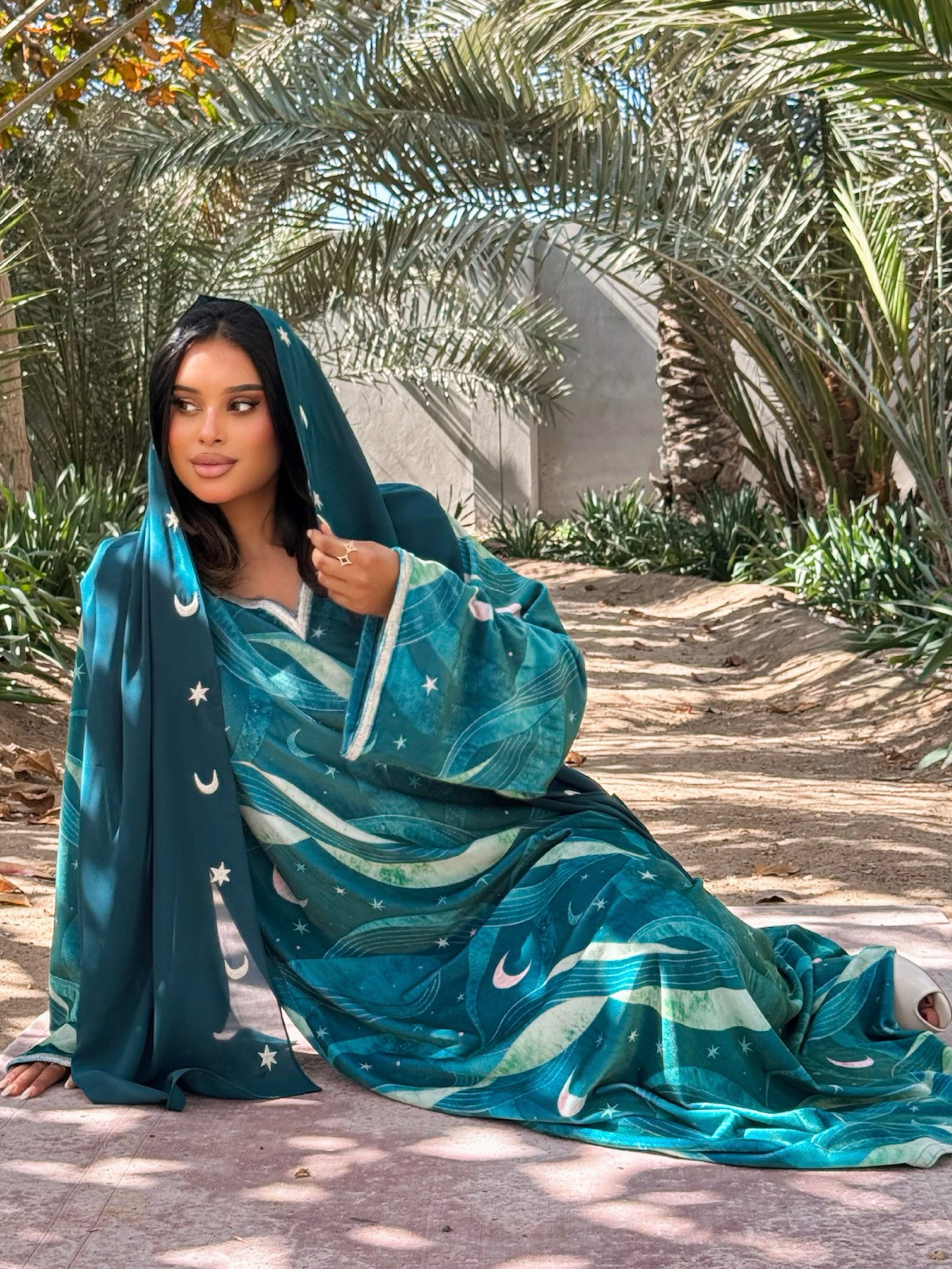 MEI706 - Green Stars & Moon Embroidered Jalabiya with Headscarf