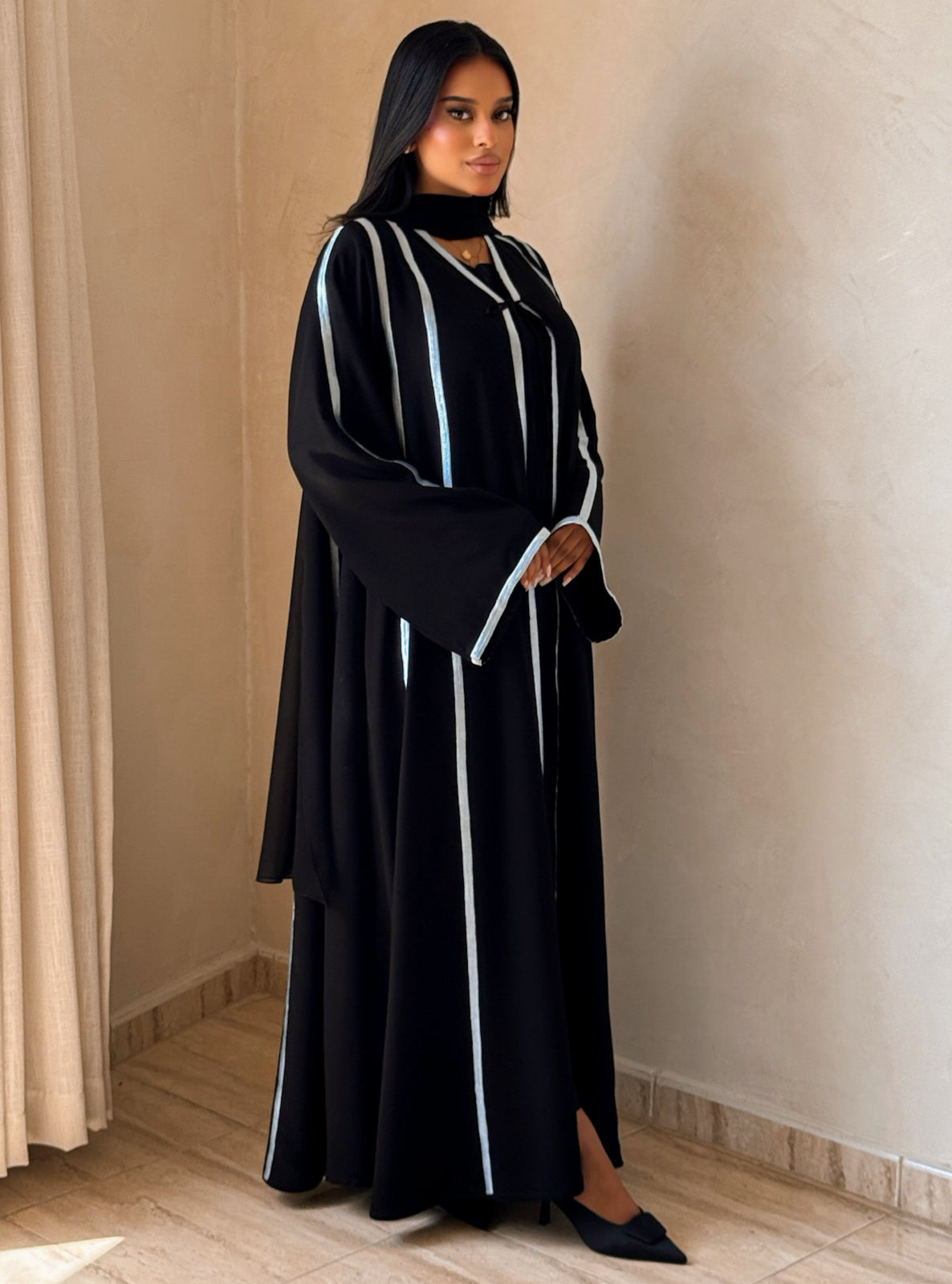 MEI733 - Black A-Cut Abaya with Light Blue Embroidery & Matching Headscarf