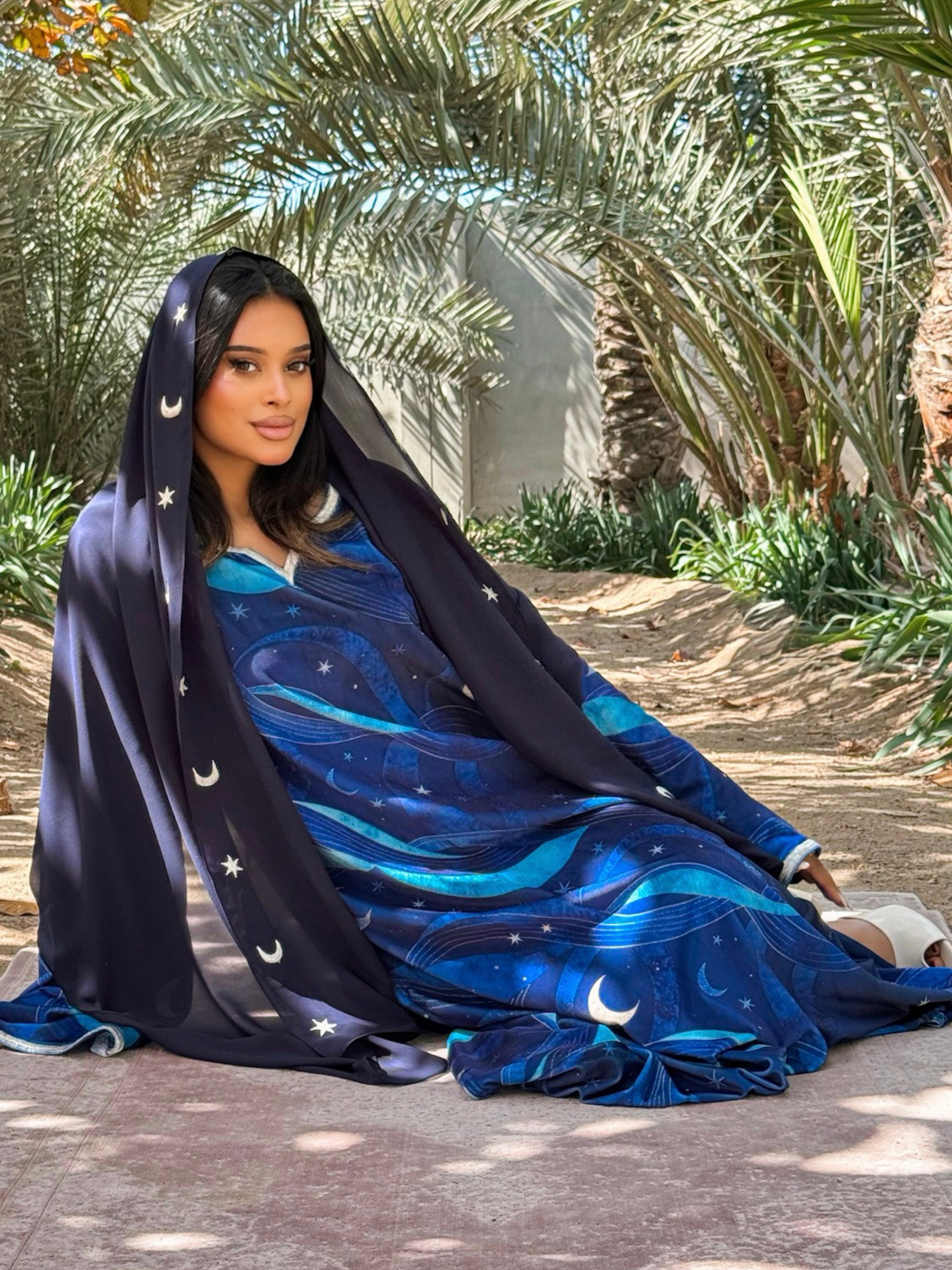 MEI709 - Navy Stars & Moon Embroidered Jalabiya with Headscarf