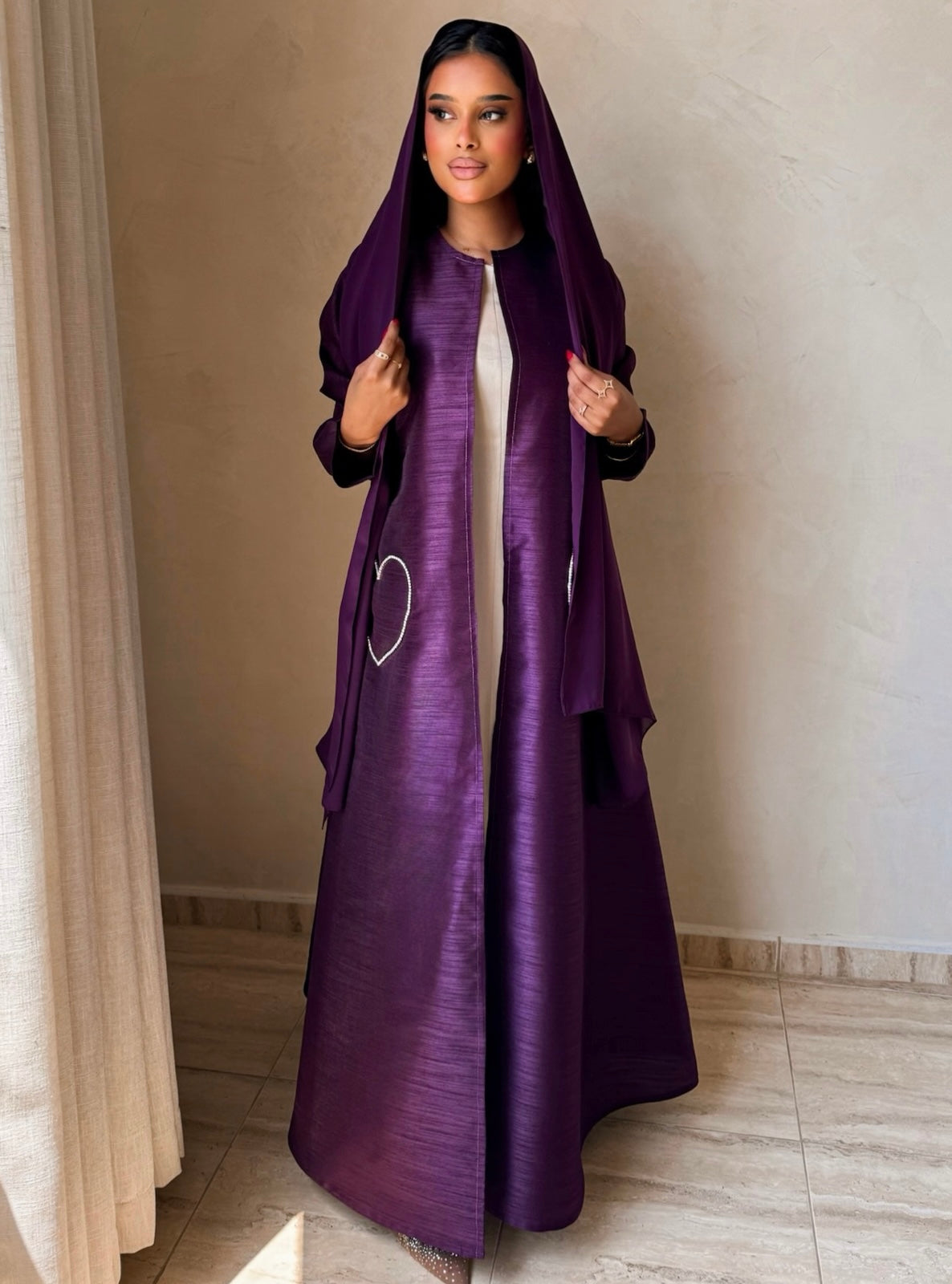 MEI732 - Purple A-Cut Taffeta & Crystals Abaya