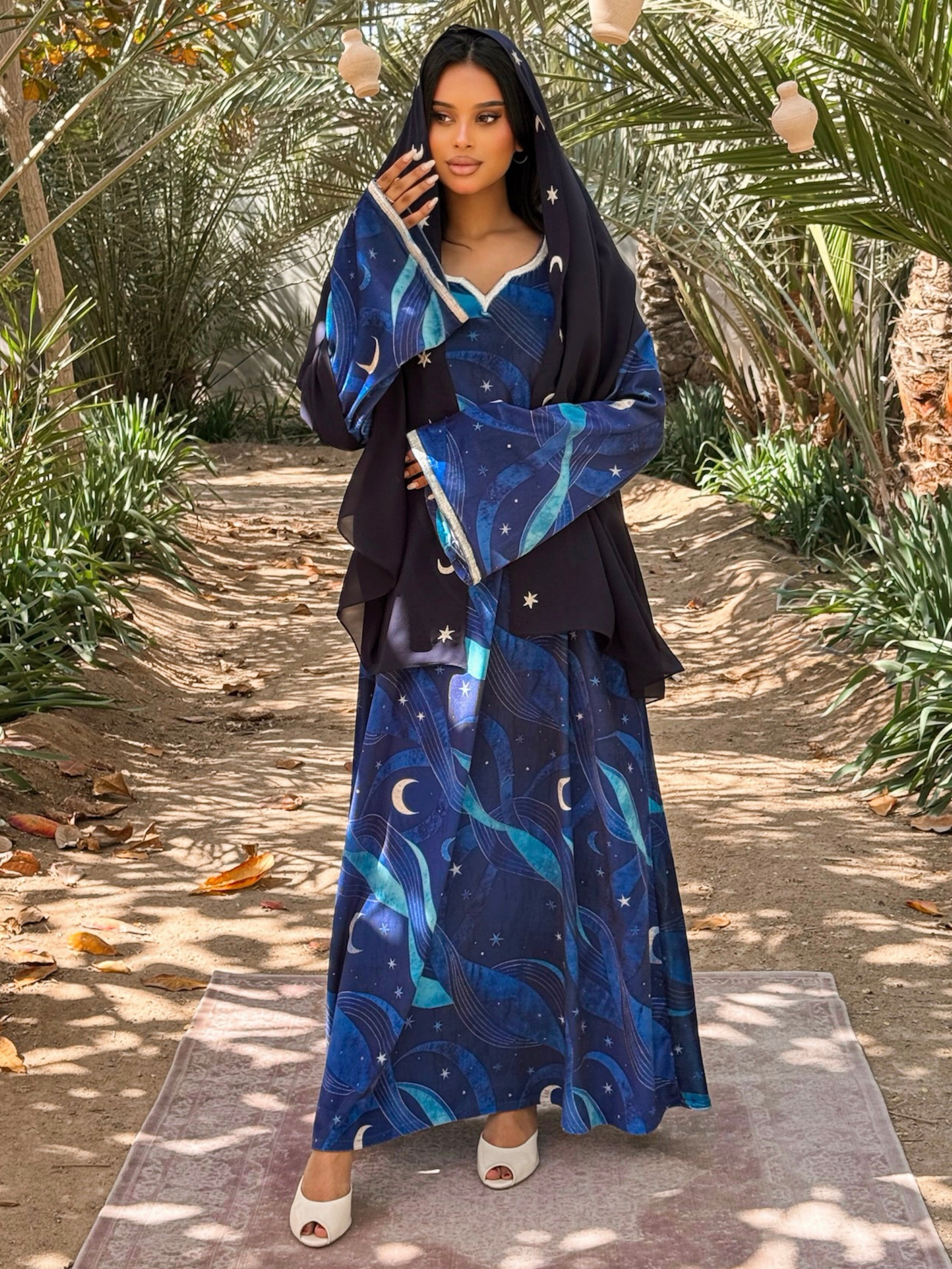 MEI709 - Navy Stars & Moon Embroidered Jalabiya with Headscarf