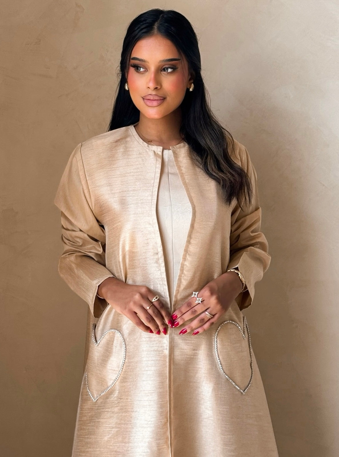 MEI725 - Beige A-Cut Taffeta & Crystals Abaya with Headscarf