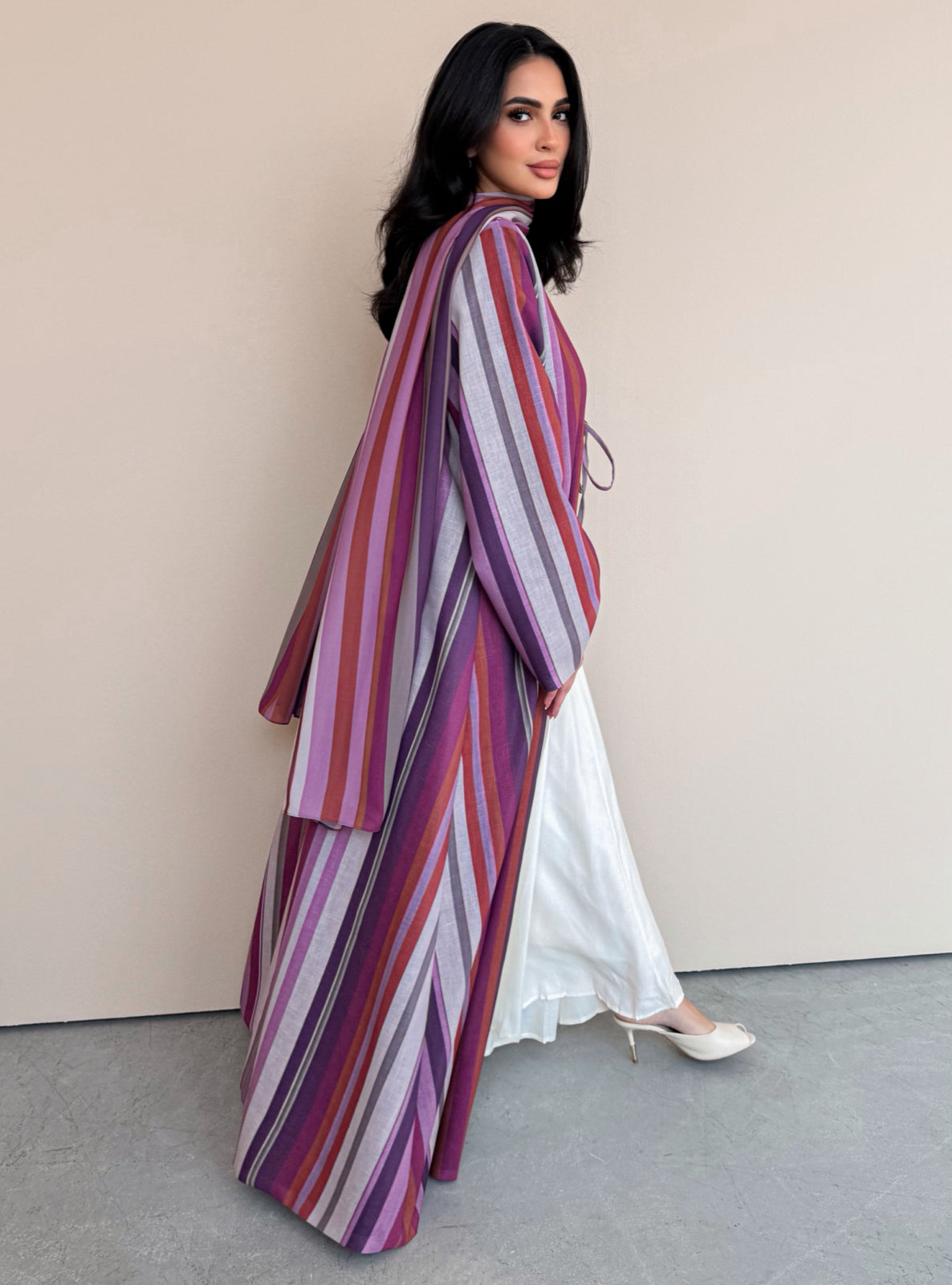 MEI762 - Striped A-Cut Linen Abaya with Matching Headscarf