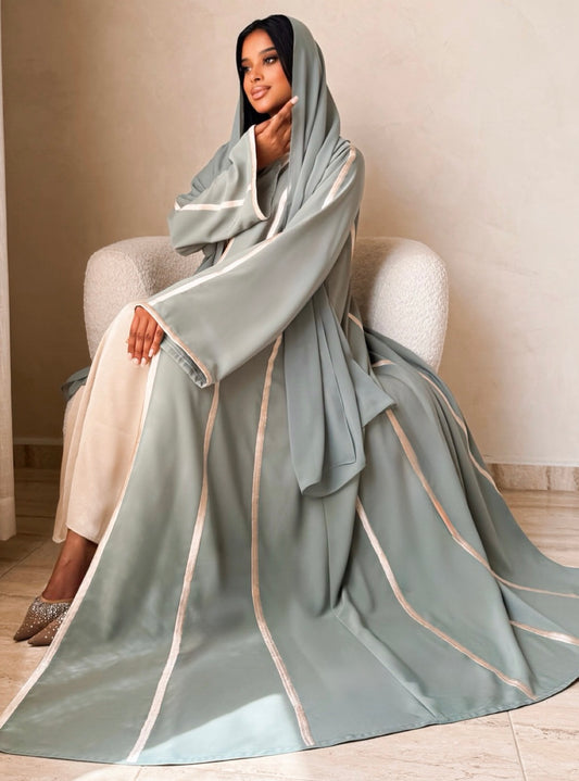 MEI738 - Light Turquoise A-Cut Abaya with Cream Embroidery & Matching Headscarf