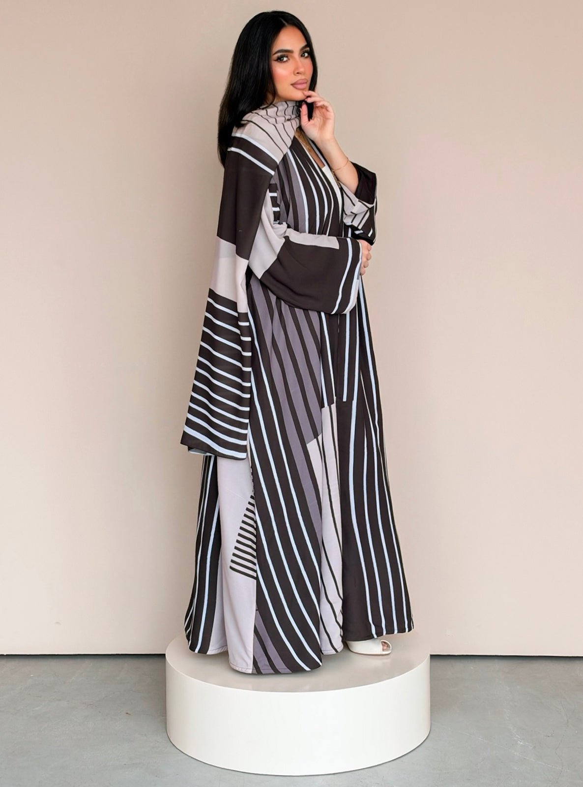 MEI788 - Stripes Print Half Bisht Abaya with Matching Headscarf