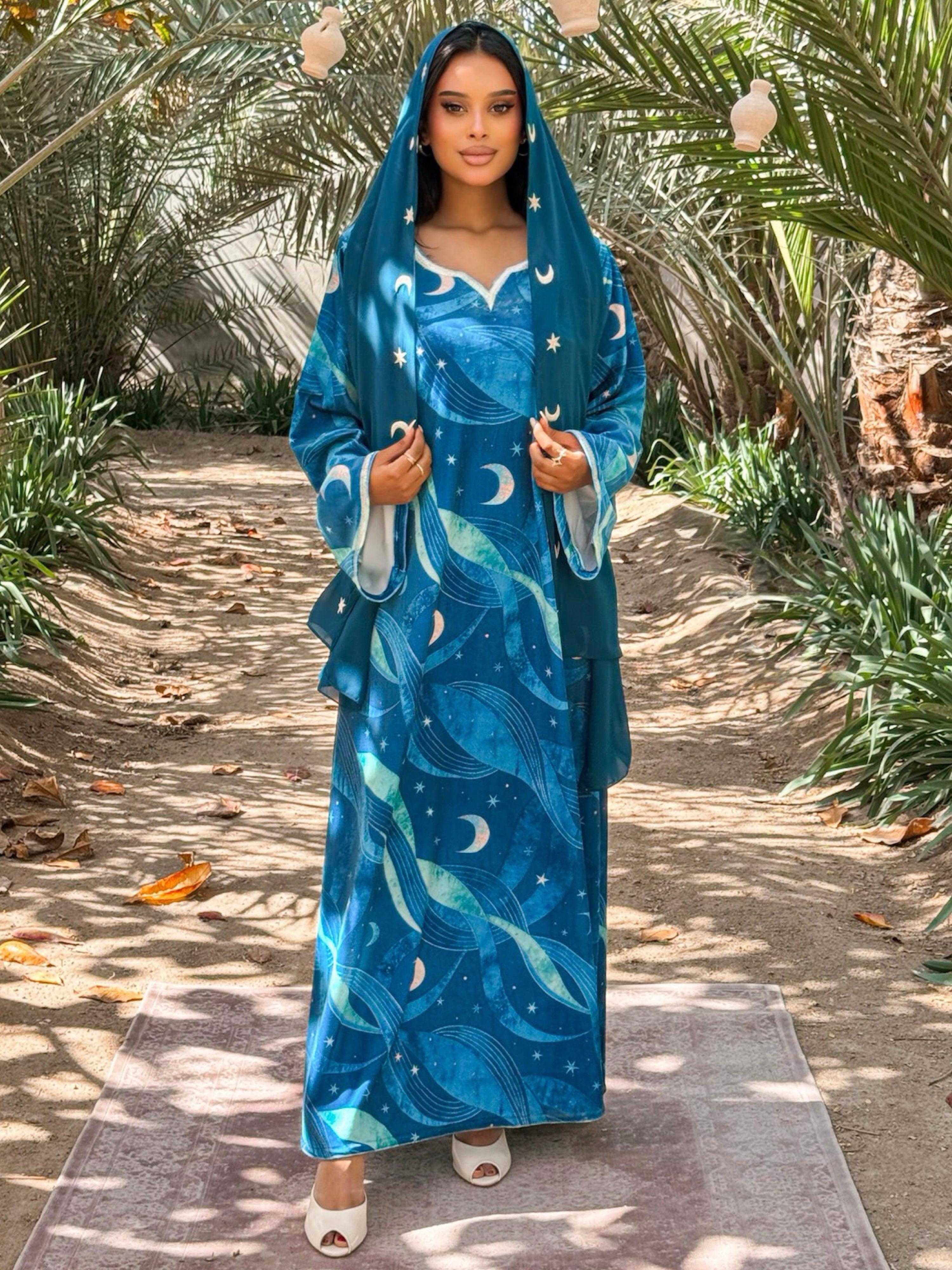 MEI707 - Teal Stars & Moon Embroidered Jalabiya with Headscarf