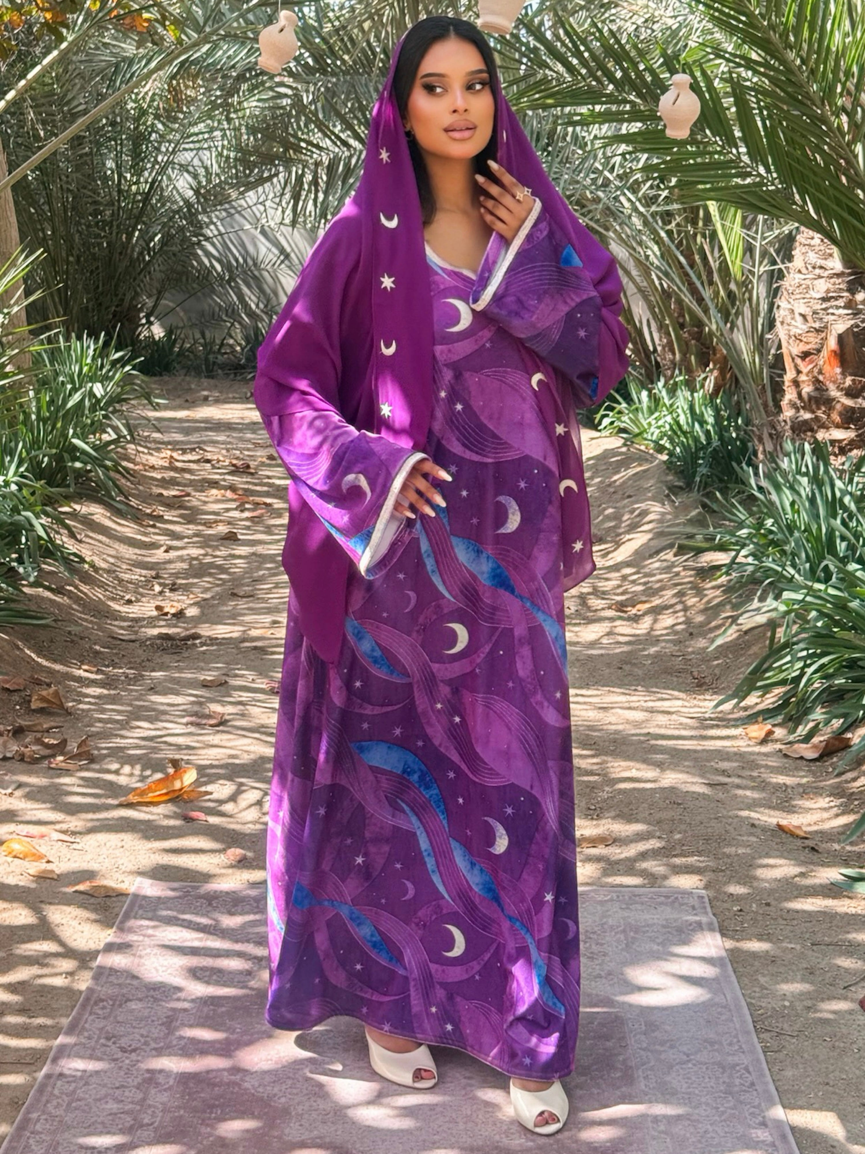 MEI708 - Purple Stars & Moon Embroidered Jalabiya with Headscarf