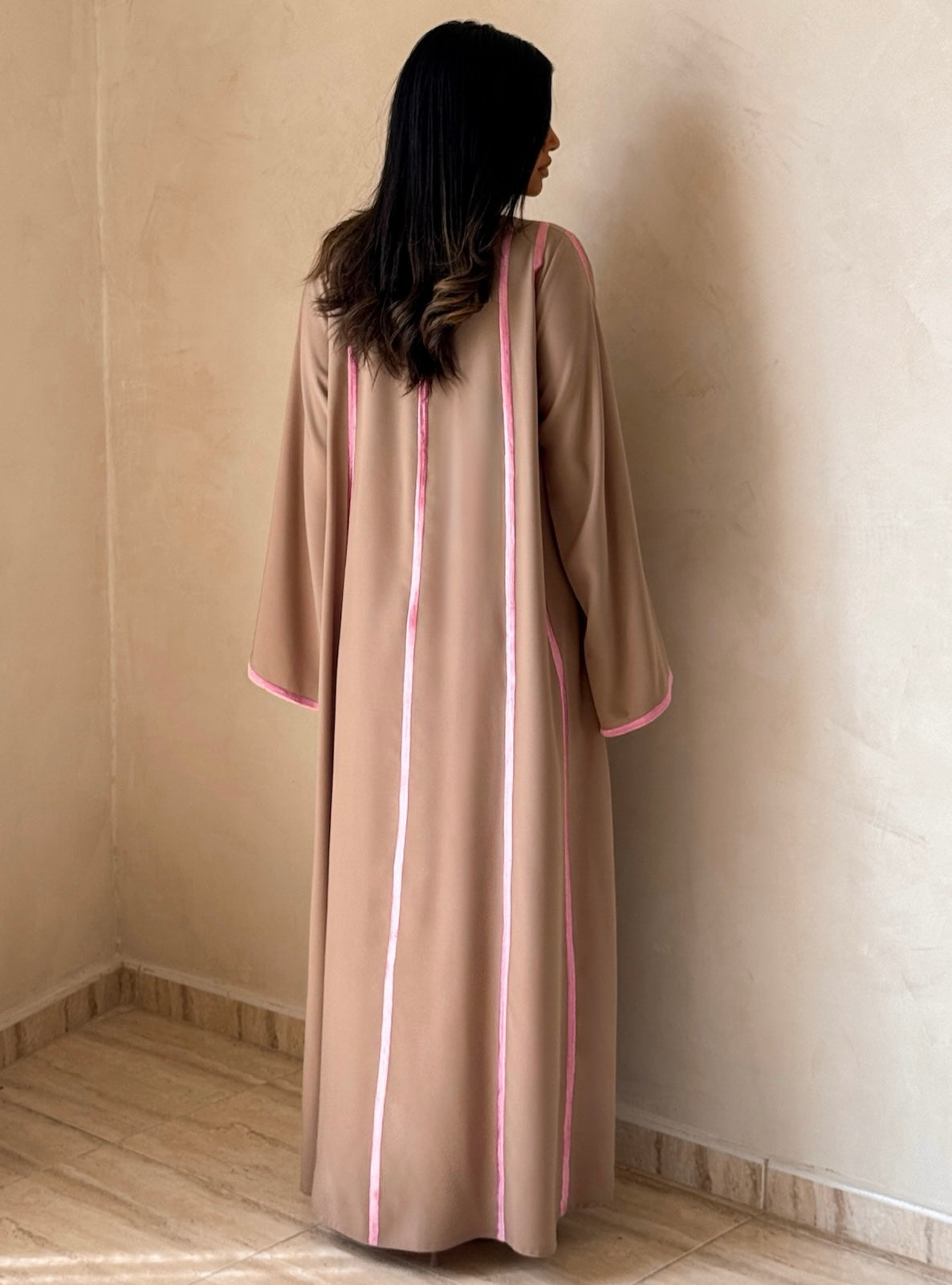 MEI737 - Dark Beige A-Cut Abaya with Pink Embroidery & Matching Headscarf