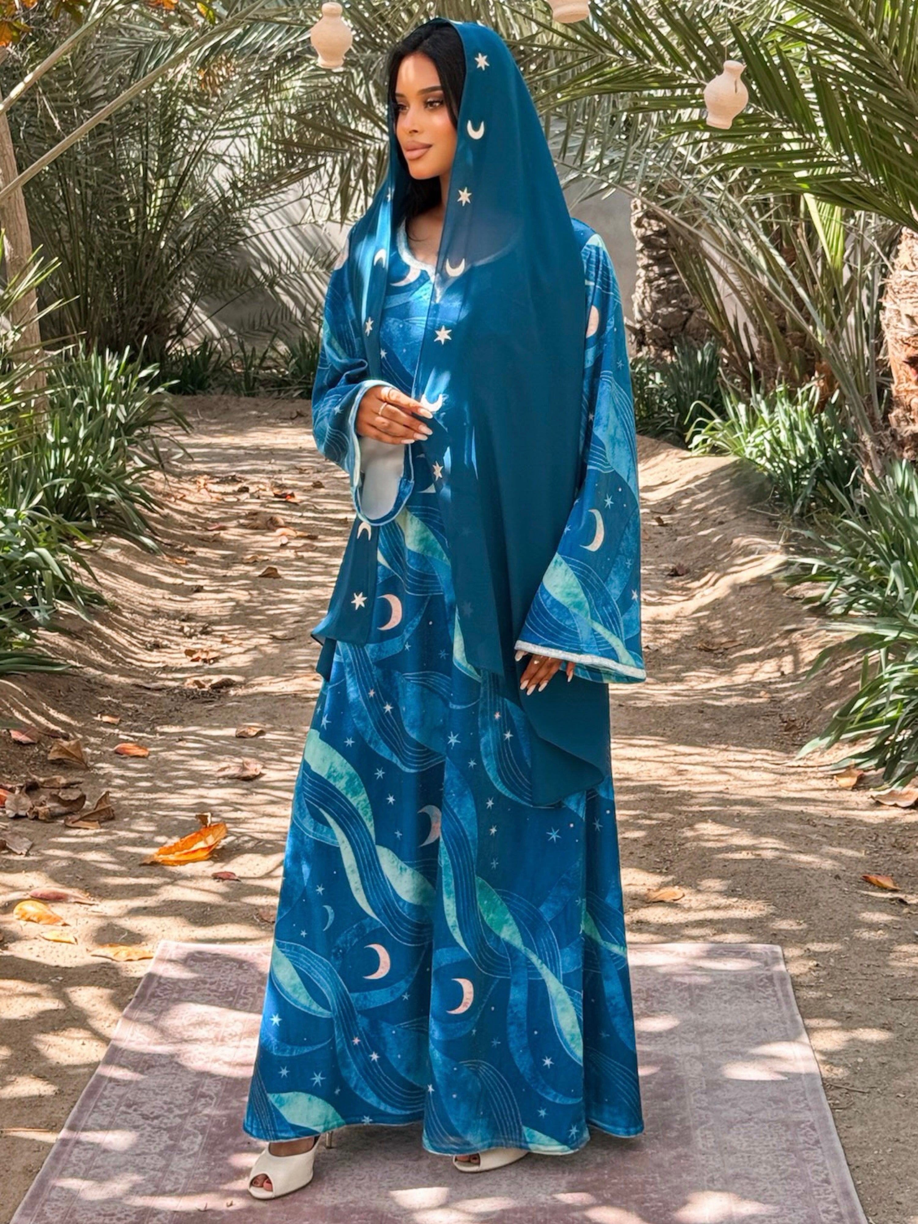 MEI707 - Teal Stars & Moon Embroidered Jalabiya with Headscarf
