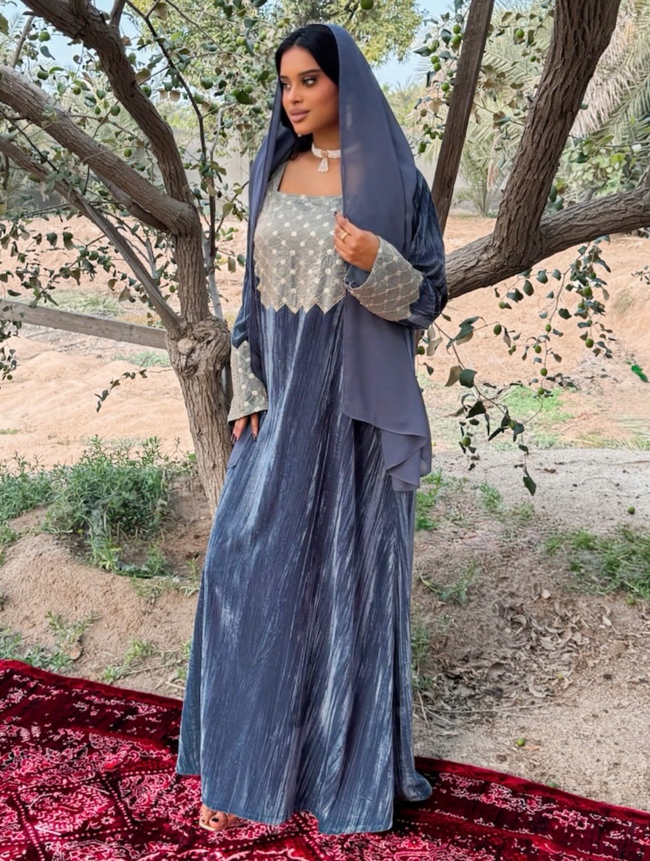 MEI668 - Grey Velvet & Embroidered Silk Jalabiya with Headscarf