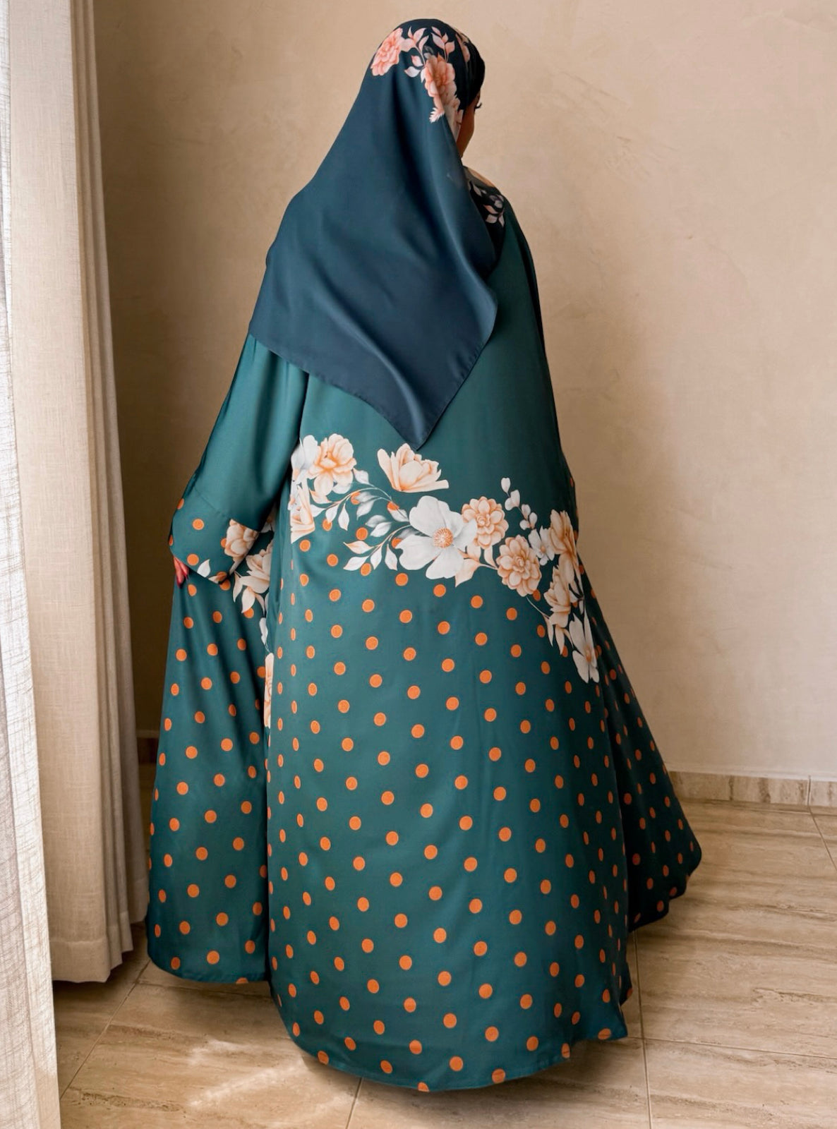 MEI739 - Teal Half Bisht Polka Floral Abaya with Matching Headscarf