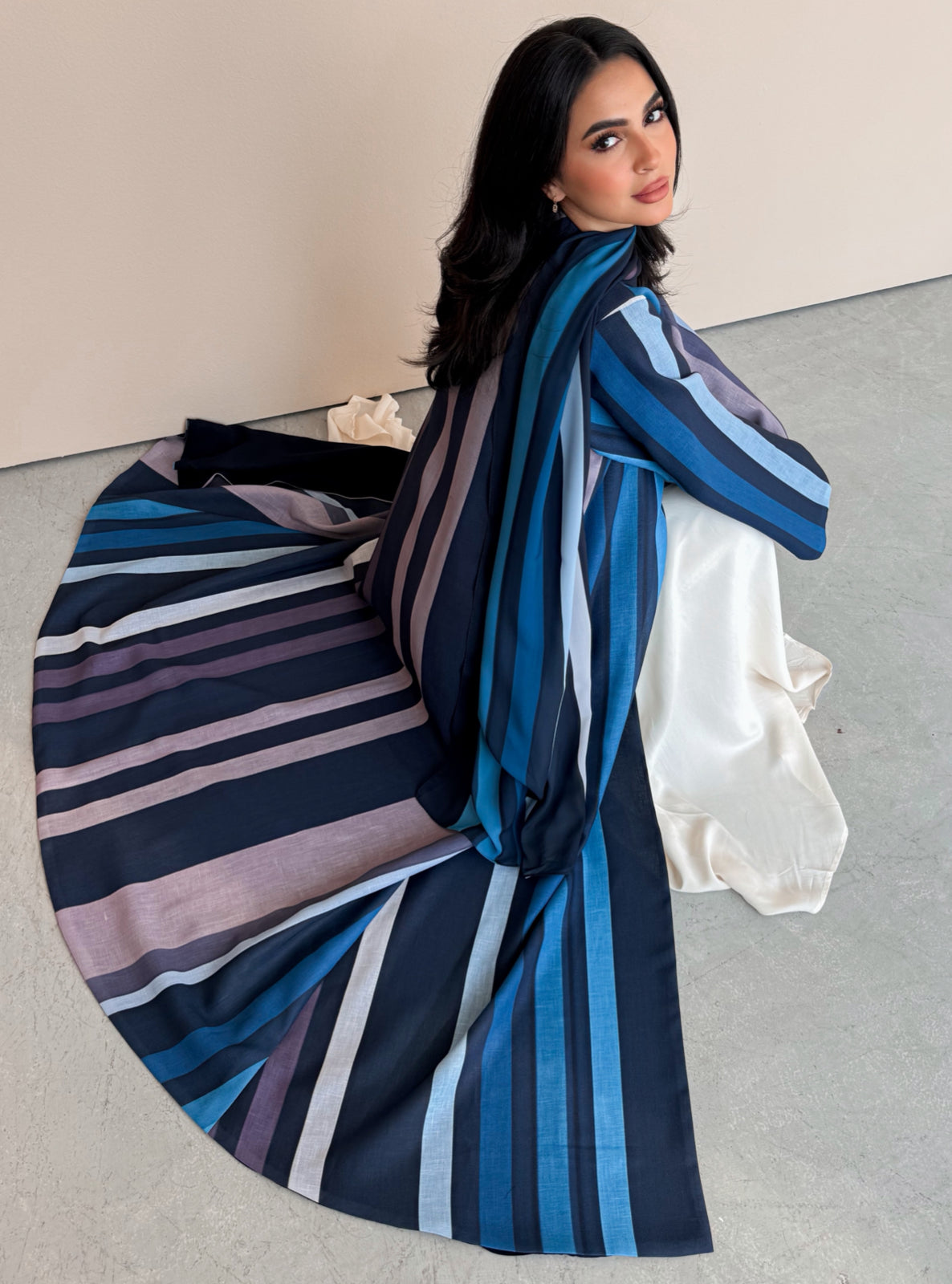 MEI763 - Striped A-Cut Linen Abaya with Matching Headscarf