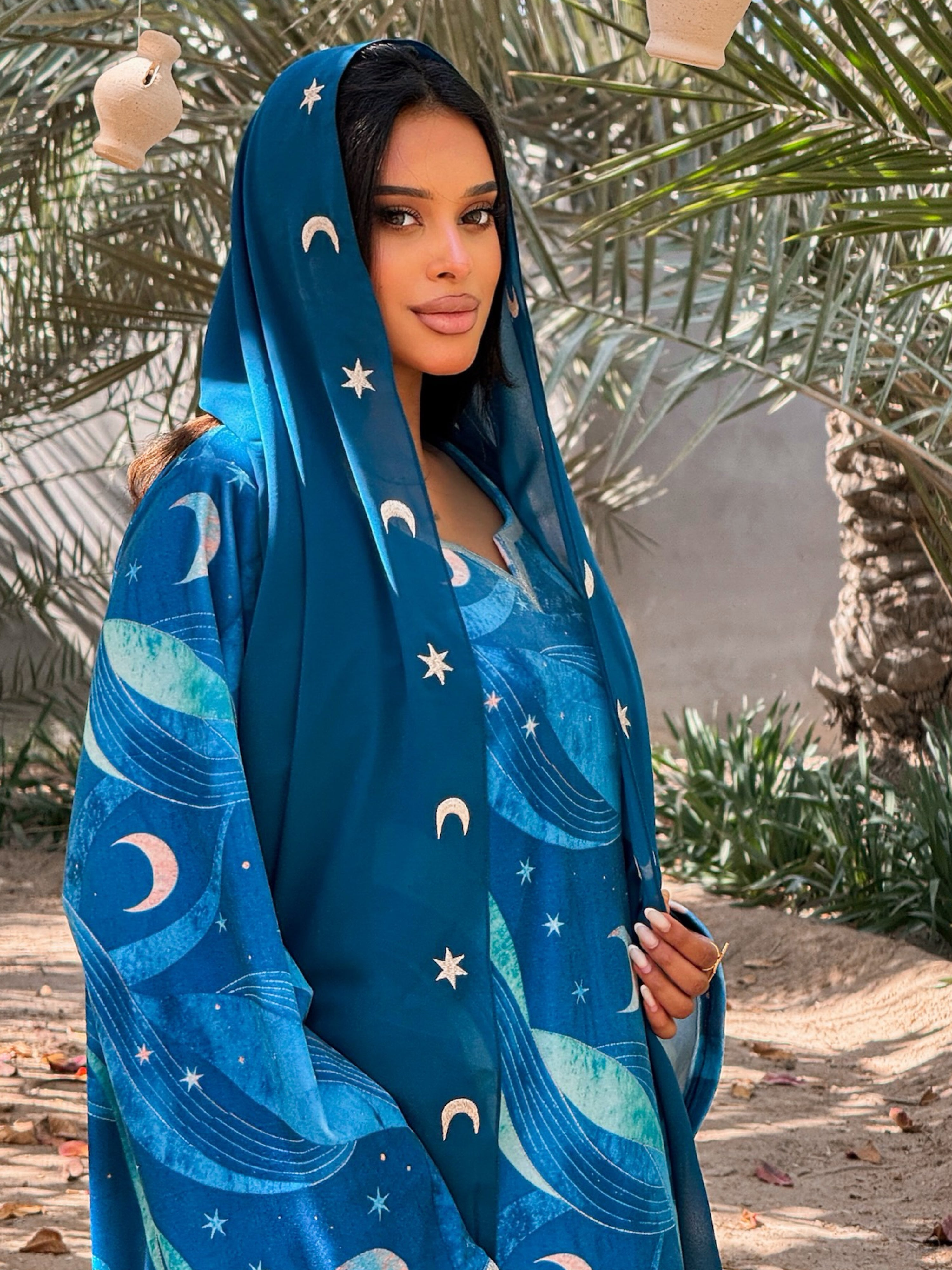 MEI707 - Teal Stars & Moon Embroidered Jalabiya with Headscarf