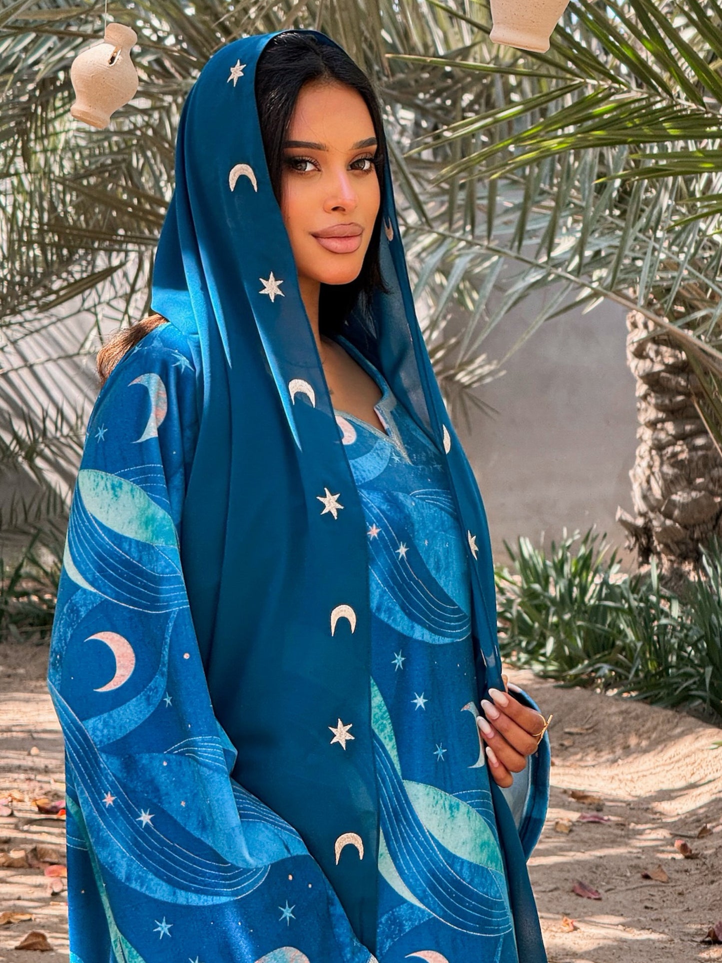 MEI707 - Teal Stars & Moon Embroidered Jalabiya with Headscarf