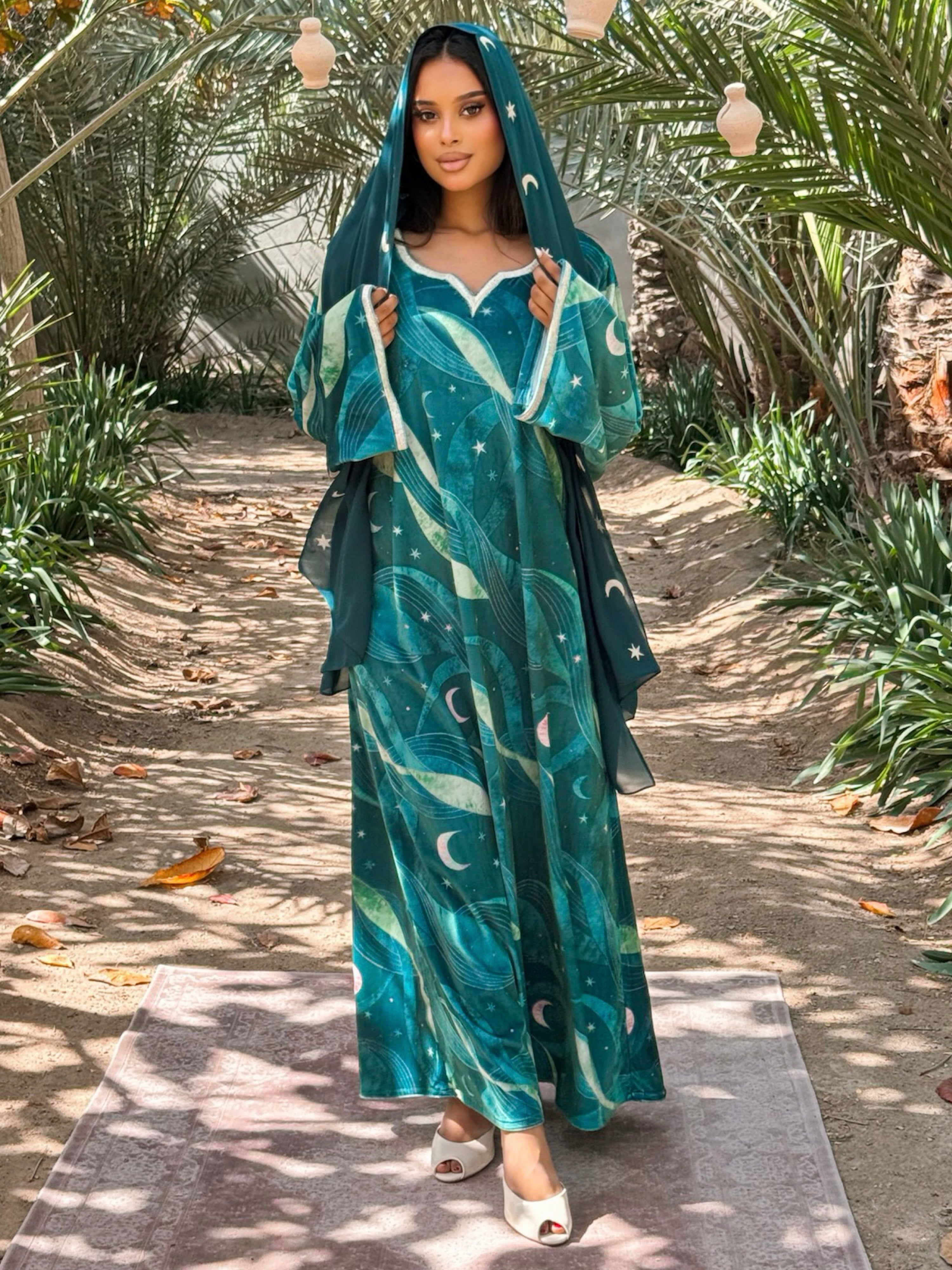 MEI706 - Green Stars & Moon Embroidered Jalabiya with Headscarf