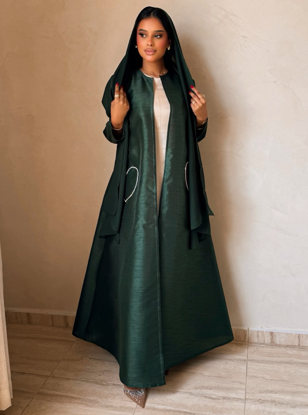 MEI727 - Green A-Cut Taffeta & Crystals Abaya with Headscarf