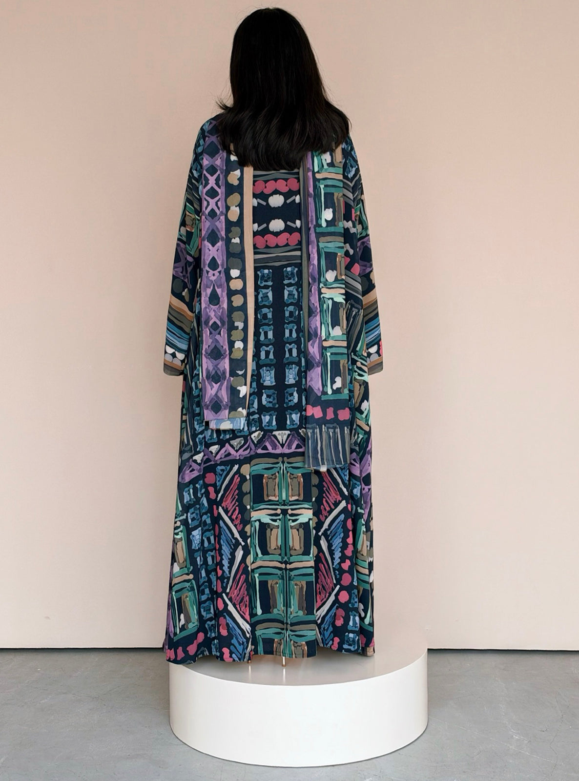 MEI789 - Abstract Geometric Print Half Bisht Abaya with Matching Headscarf