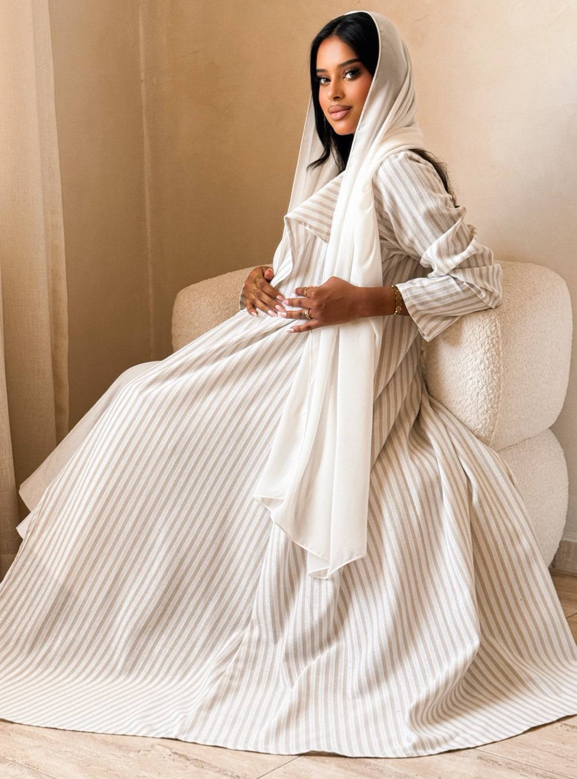 MEI744 - Striped Soft Ivory A-Cut Linen Abaya with Matching Headscarf