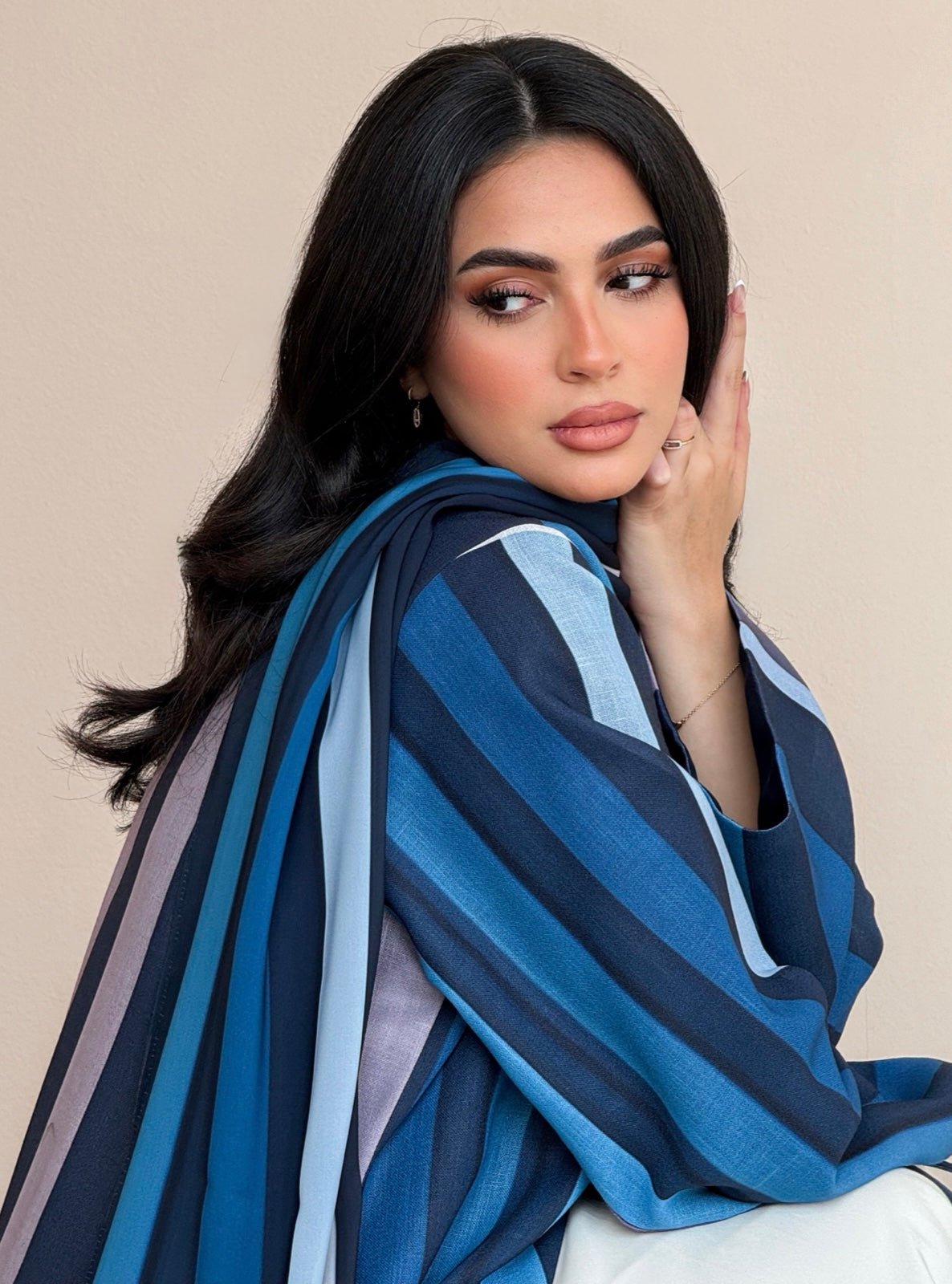 MEI763 - Striped A-Cut Linen Abaya with Matching Headscarf
