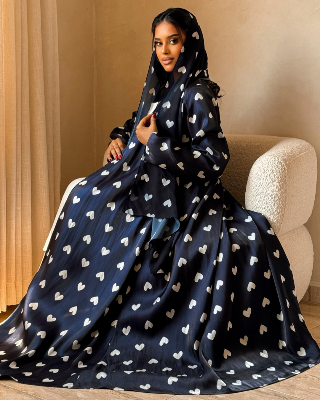 MEI719 - Black & White Hearts A-Cut Organza Abaya 🖤🤍