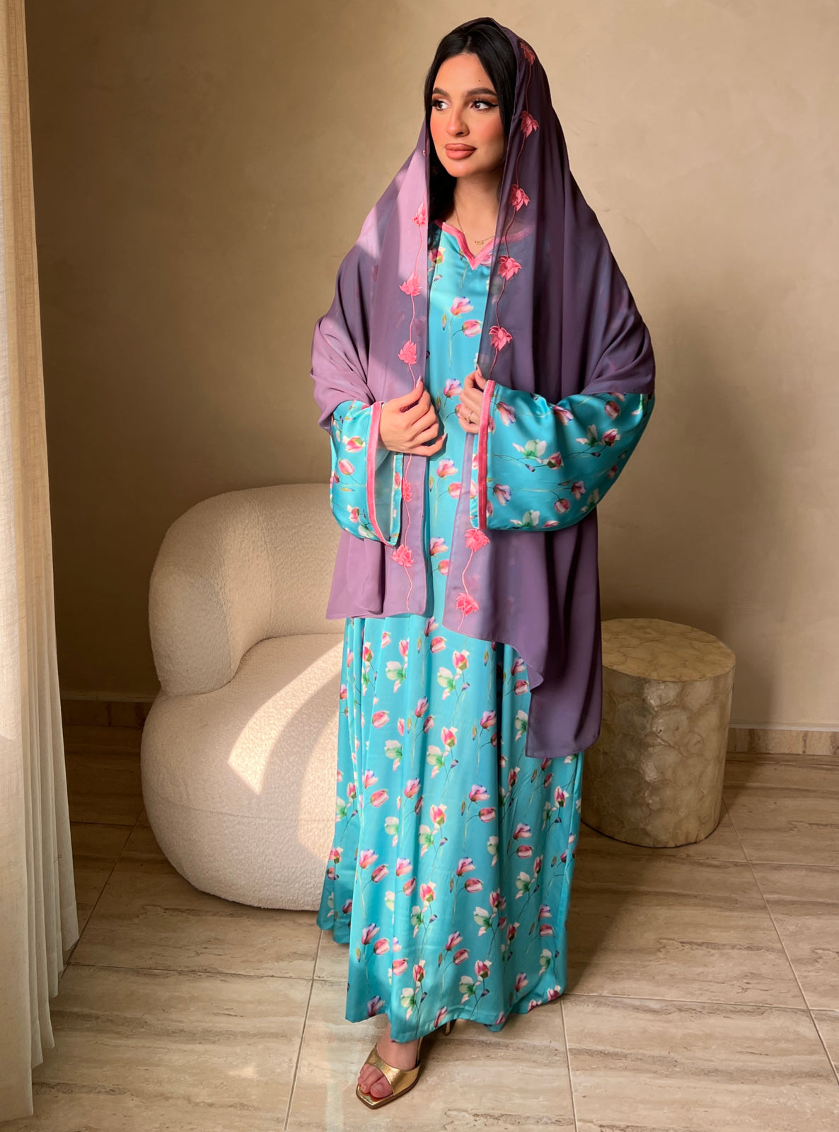 MEI521 - Grace in Aqua Bloom / Floral Embroidered Jalabiya and Shaila