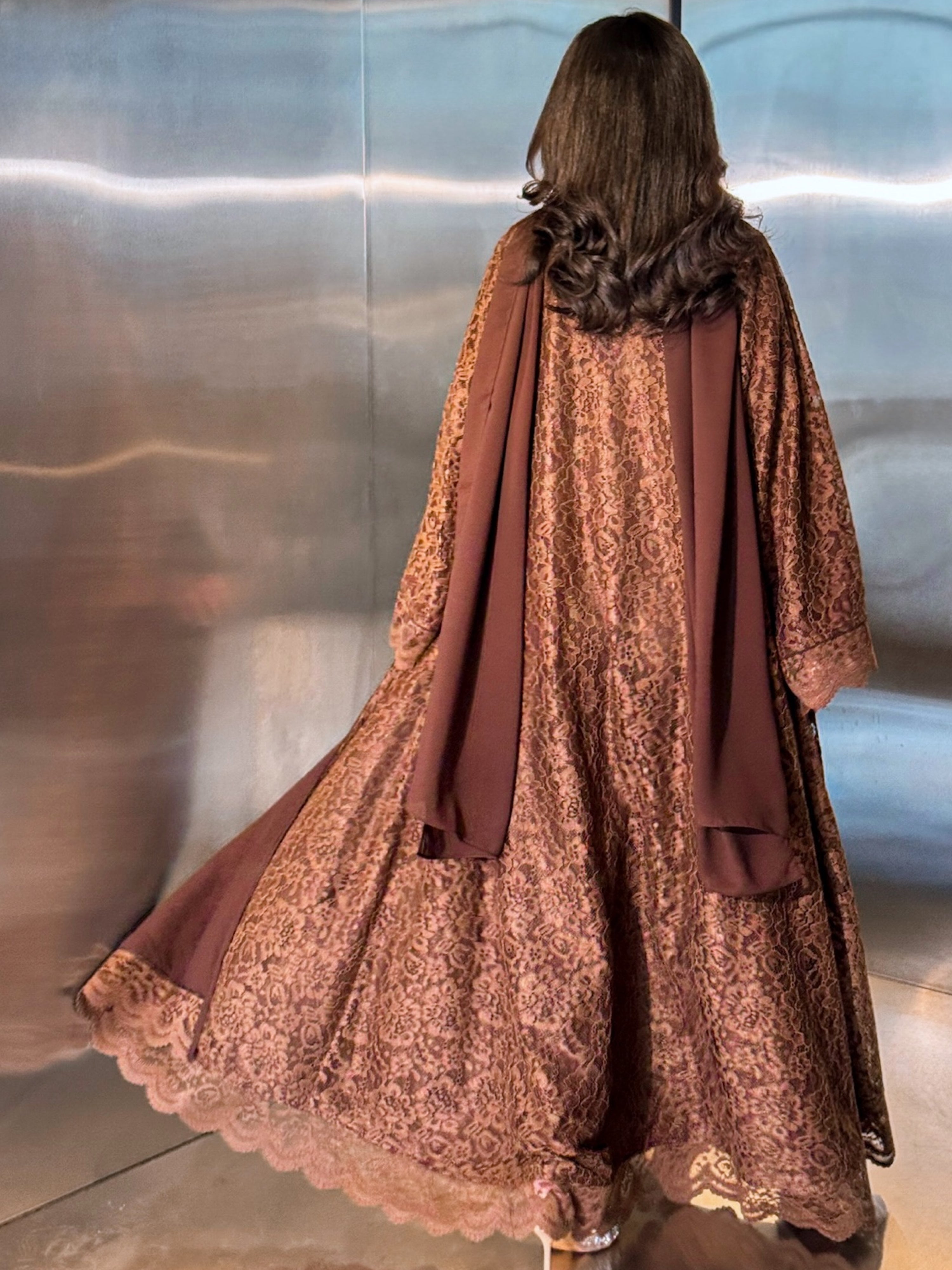 MEI713 - Brown Lace Abaya with Matching Headscarf