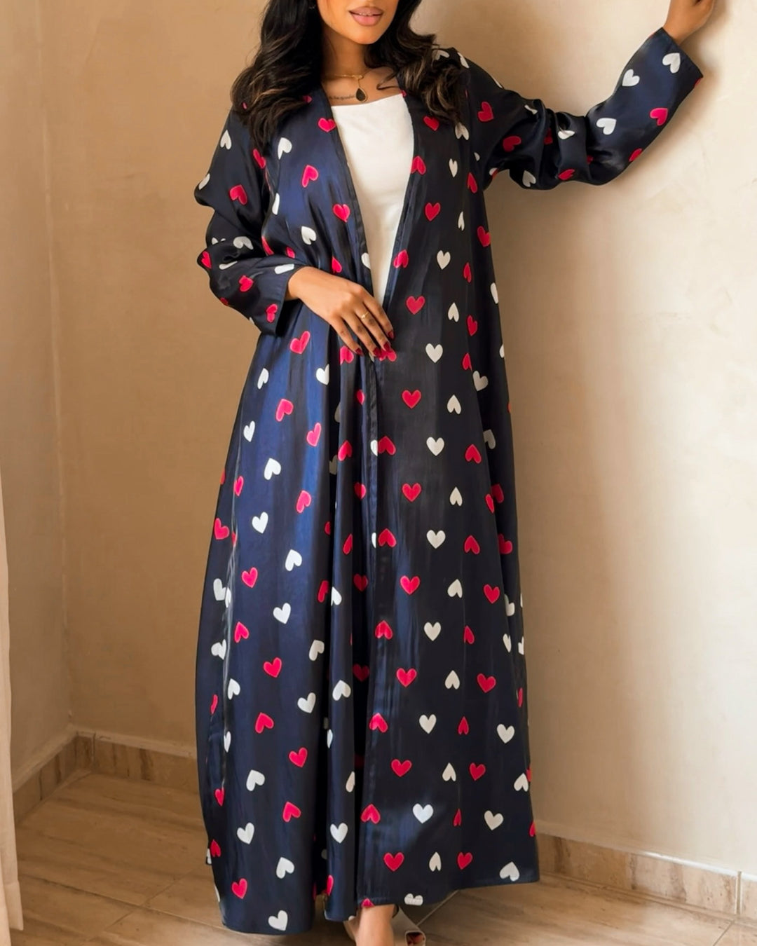 MEI724 - Black & White & Red Hearts A-Cut Organza Abaya 🖤🤍❤️
