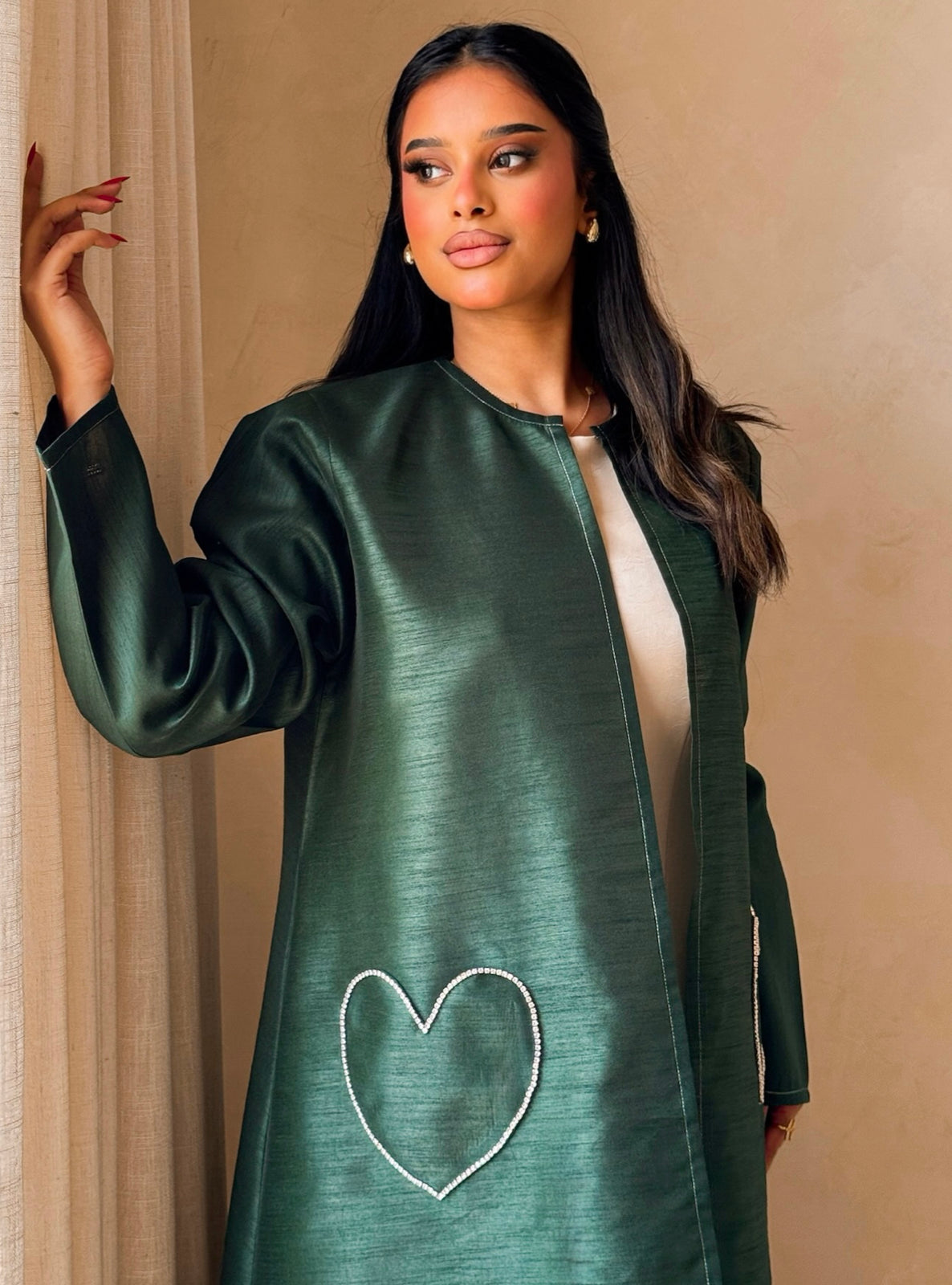 MEI727 - Green A-Cut Taffeta & Crystals Abaya with Headscarf