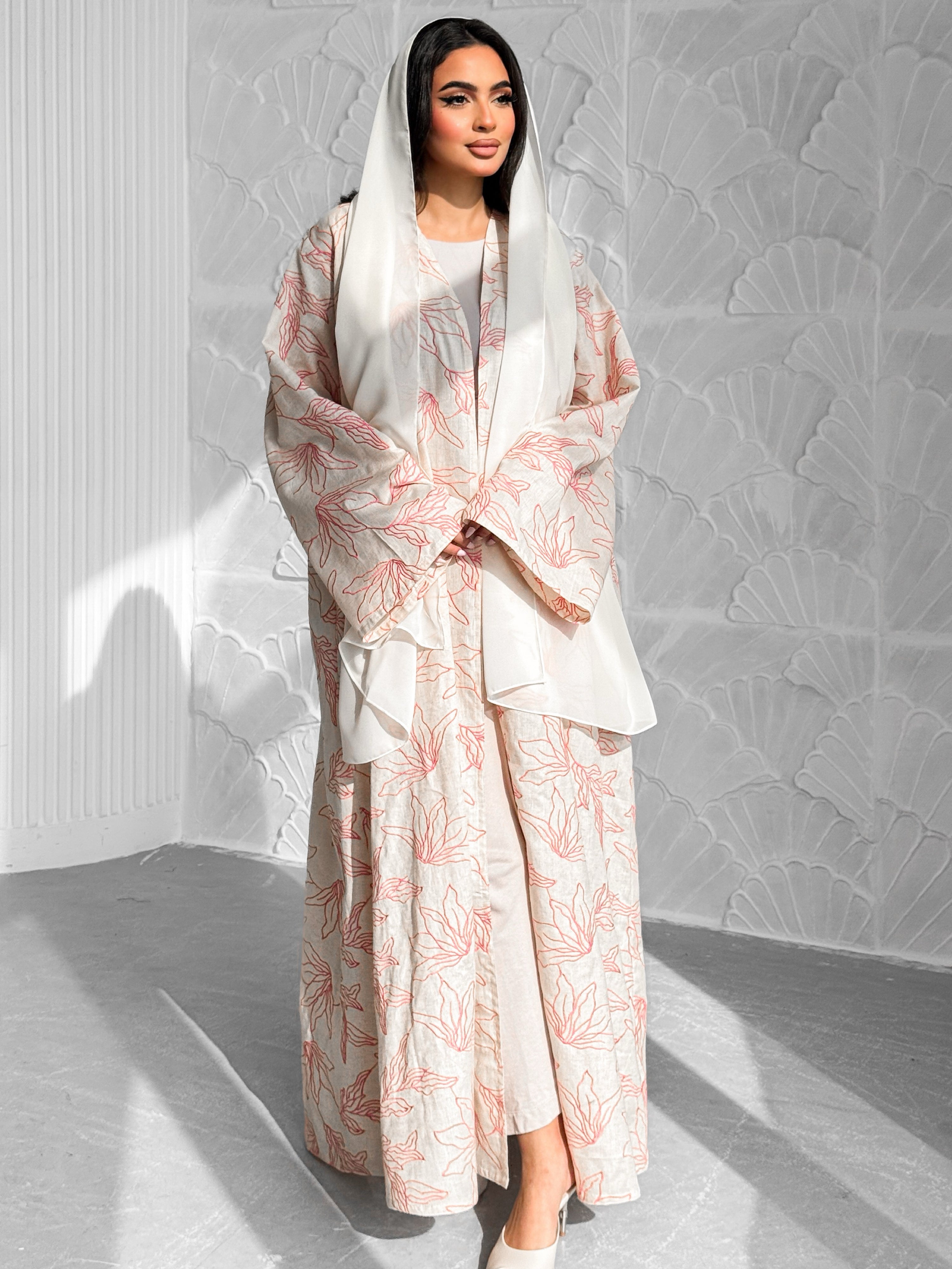 MEI605 - Indian Linen Abaya with Pink Embroidery