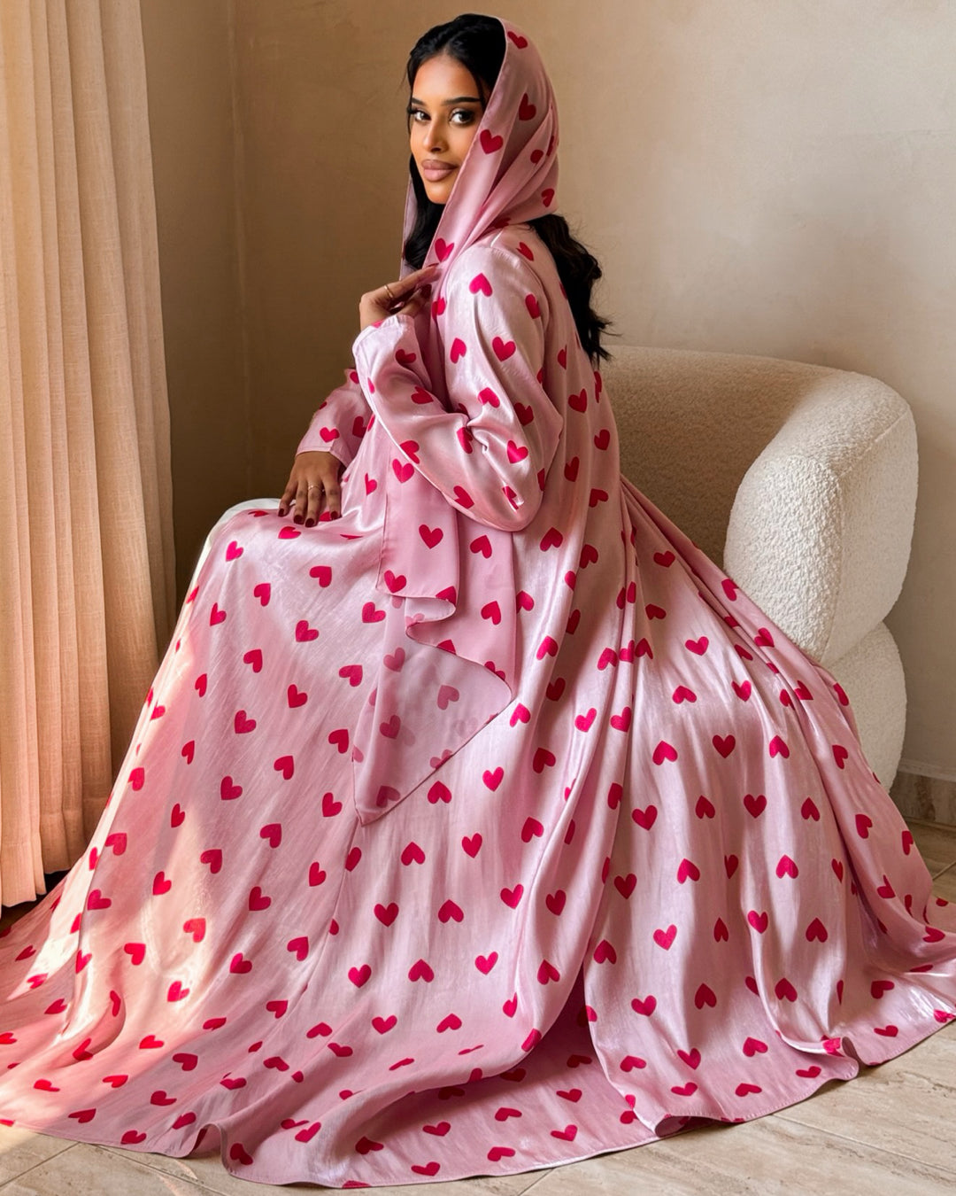 MEI722 - Pink & Red Hearts Organza Abaya 🩷❤️