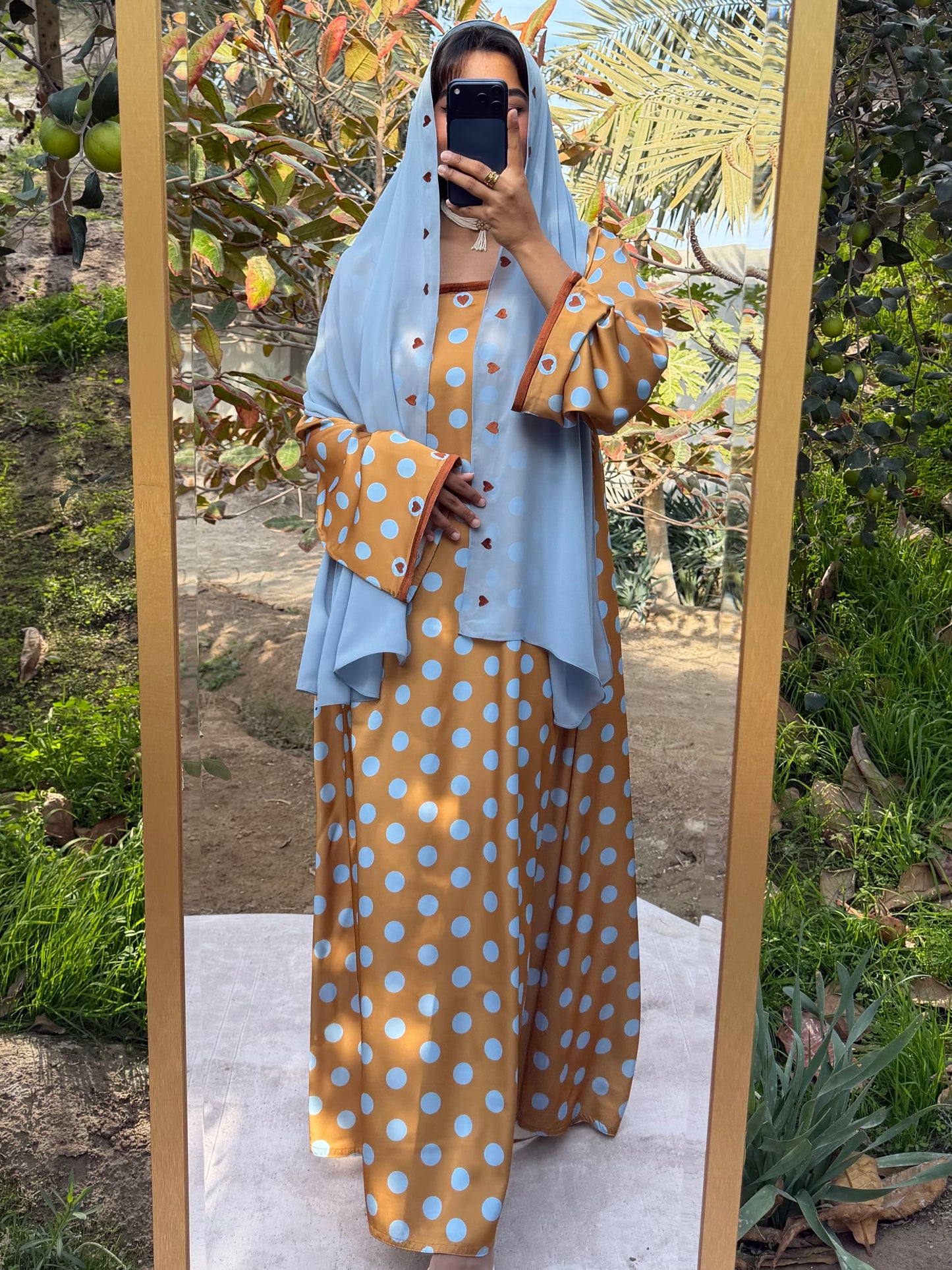 MEI691 - Gold/Baby Blue Polka Dots & Hearts Embroidered Jalabiya with Headscarf