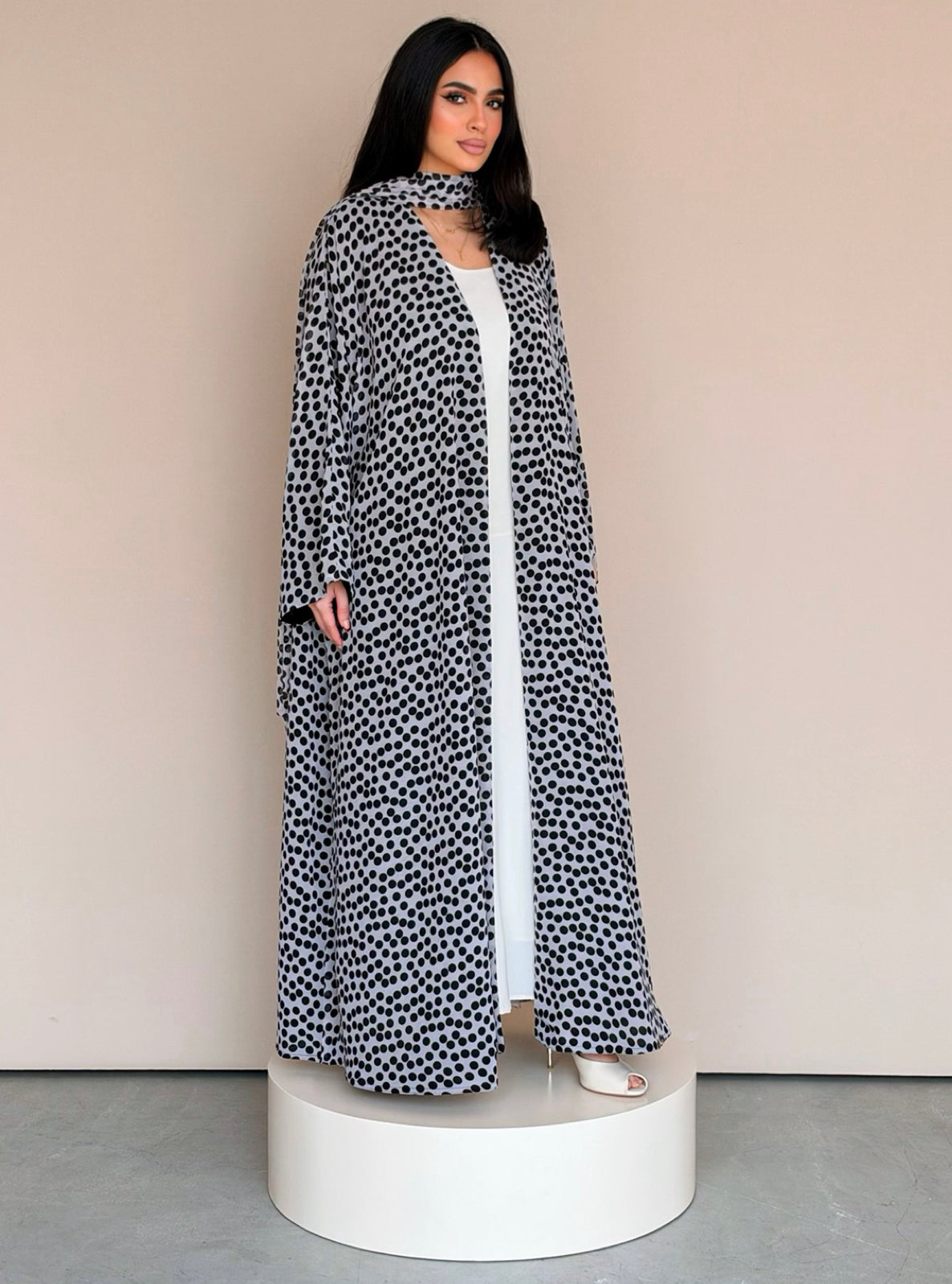 MEI780 - Polka Dots Half Bisht Abaya with Matching Headscarf