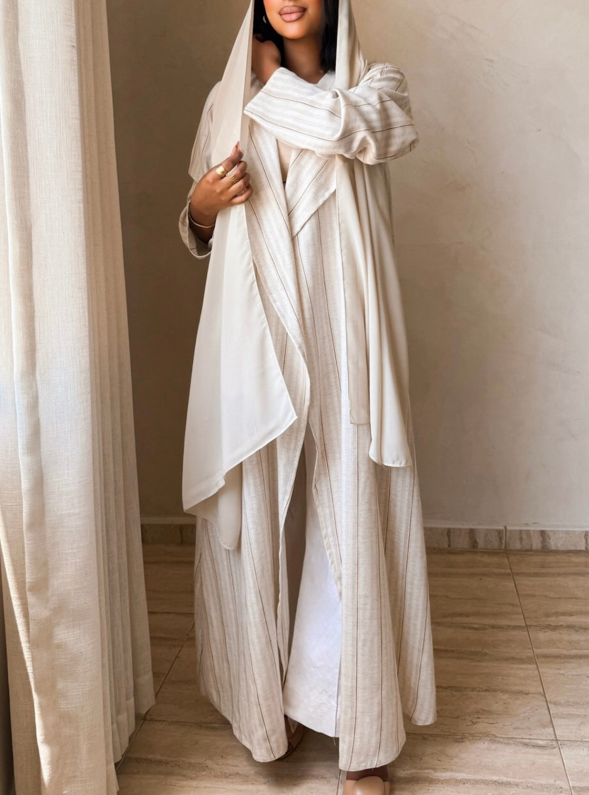 MEI748 - Striped Light Oat A-Cut Linen Abaya with Matching Headscarf