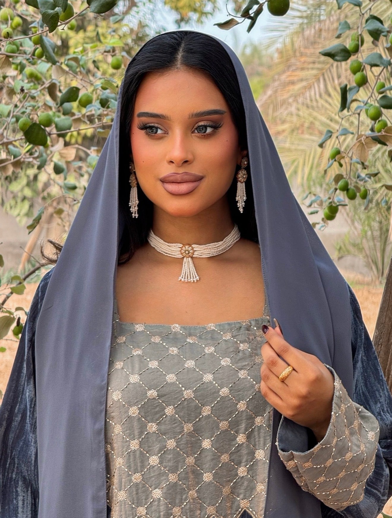 MEI668 - Grey Velvet & Embroidered Silk Jalabiya with Headscarf