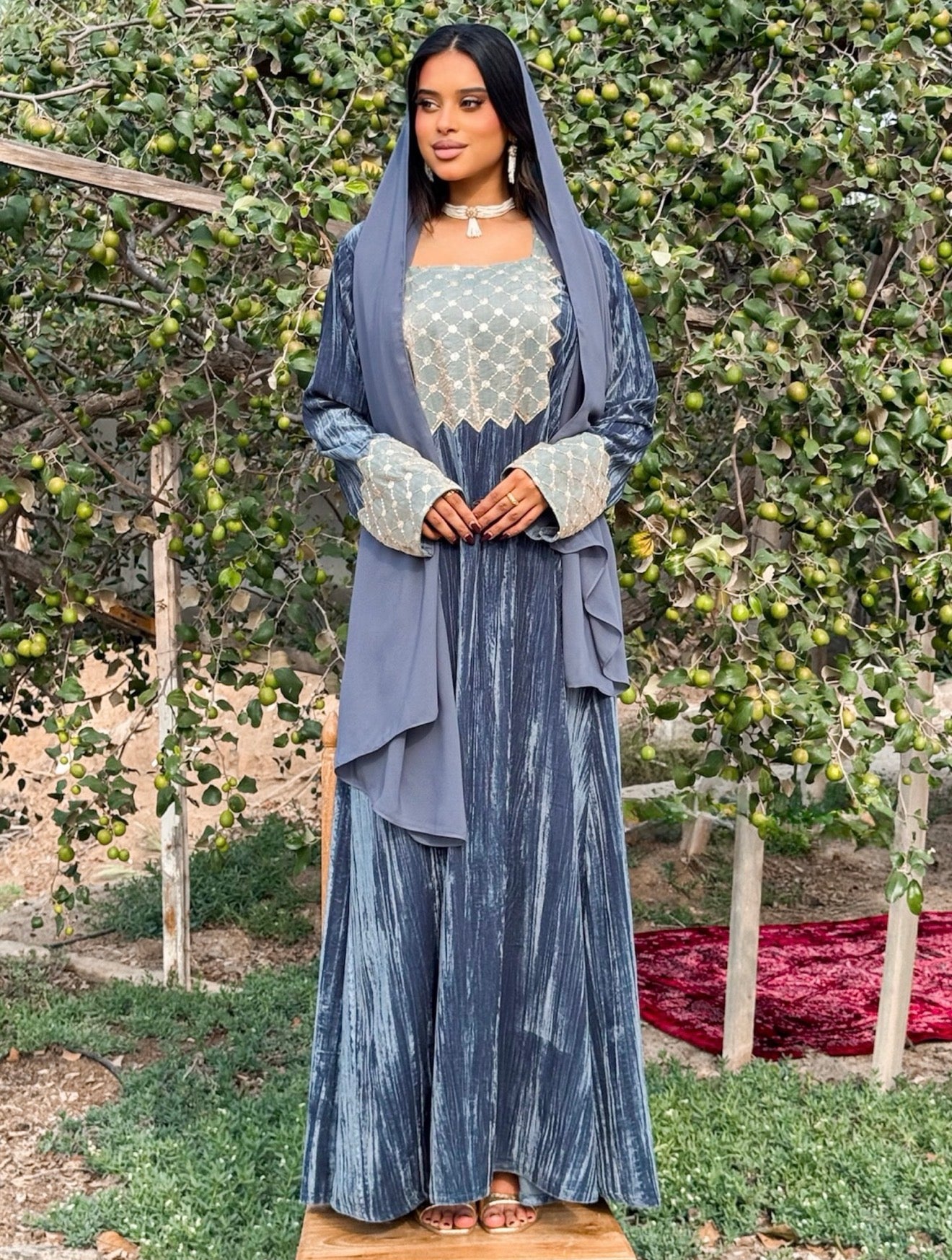 MEI668 - Grey Velvet & Embroidered Silk Jalabiya with Headscarf