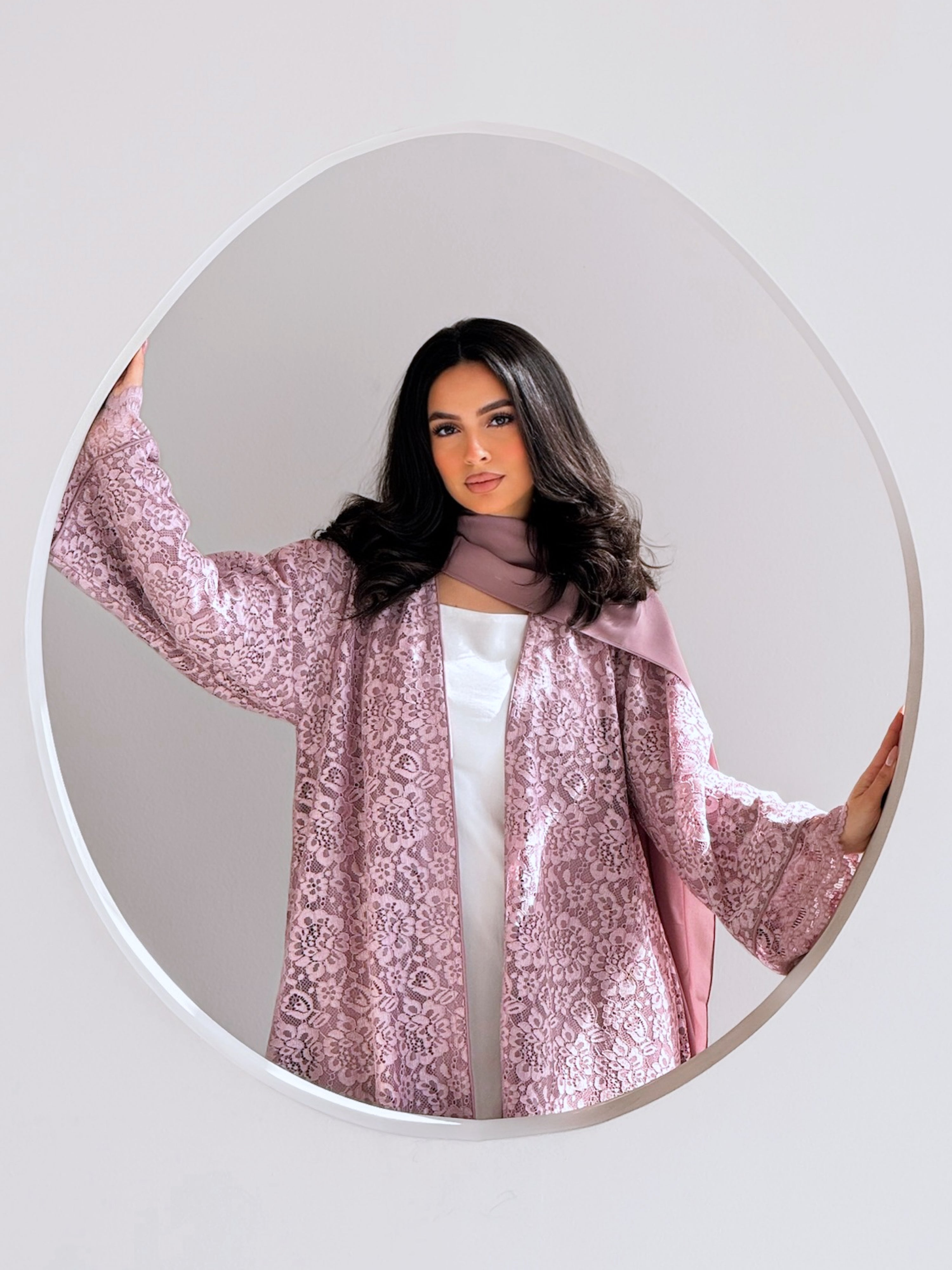 MEI715 - Pink A-Cut Lace Abaya with Matching Headscarf