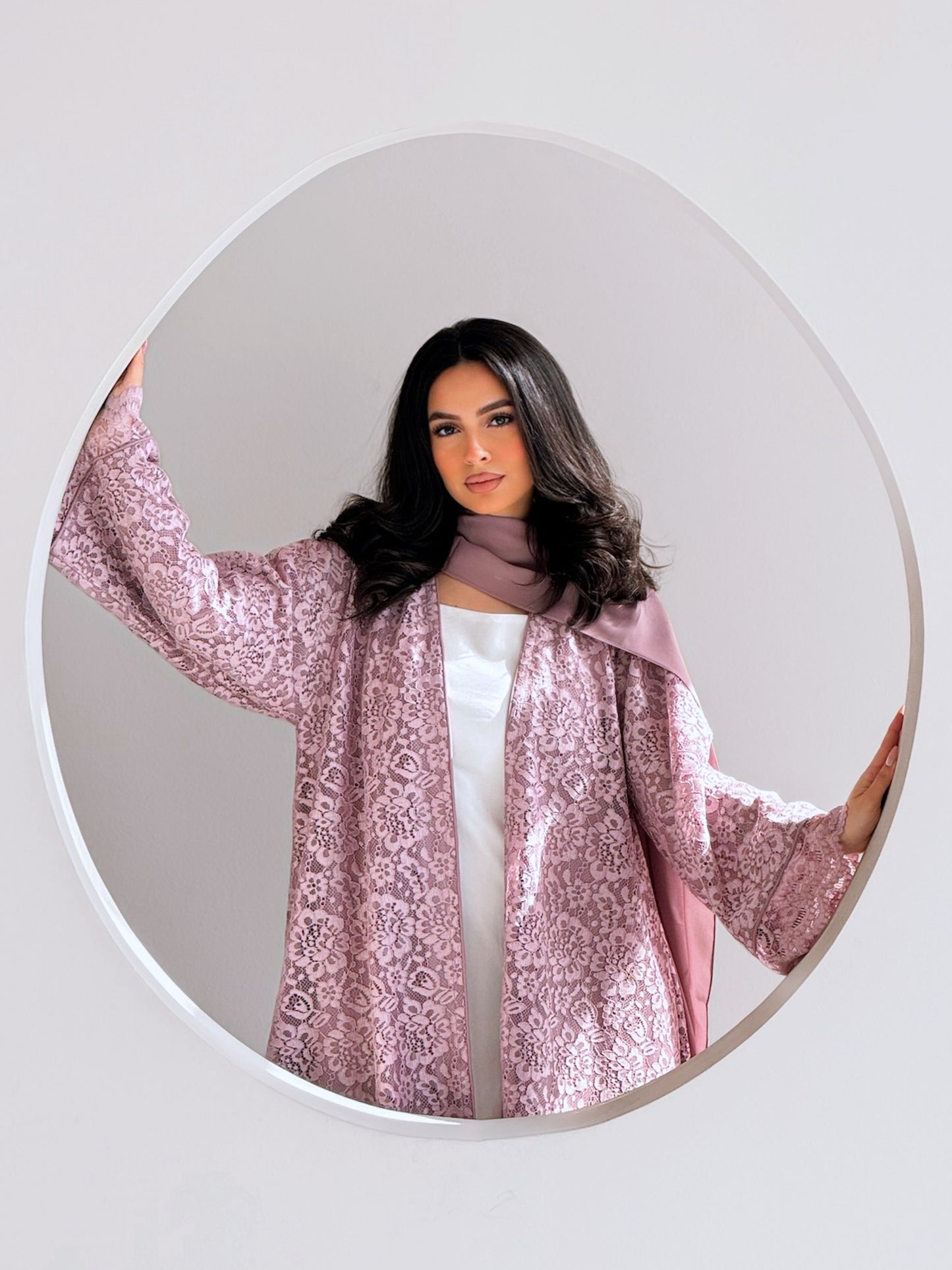 MEI715 - Pink A-Cut Lace Abaya with Matching Headscarf