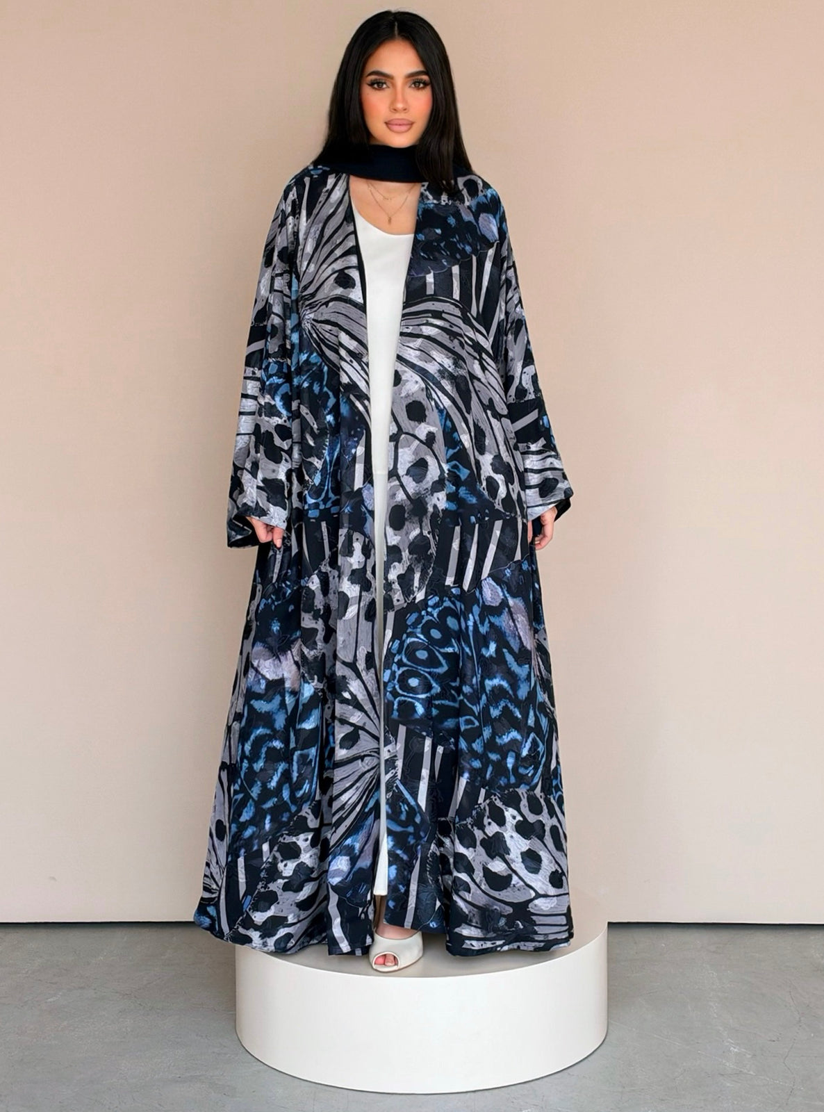 MEI786 - Mixed Prints Half Bisht Abaya with Matching Headscarf