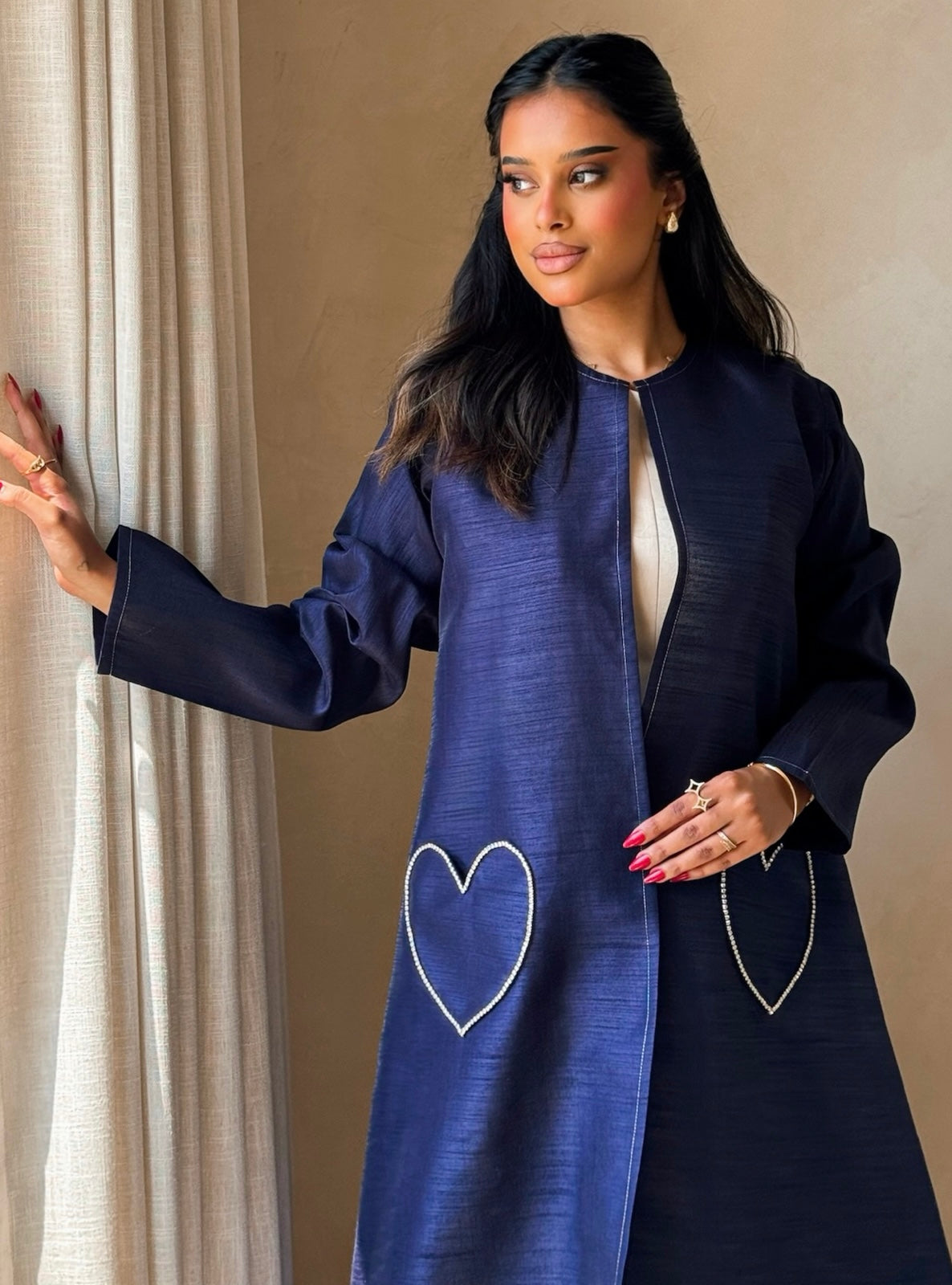 MEI728 - Navy A-Cut Taffeta & Crystals Abaya with Headscarf