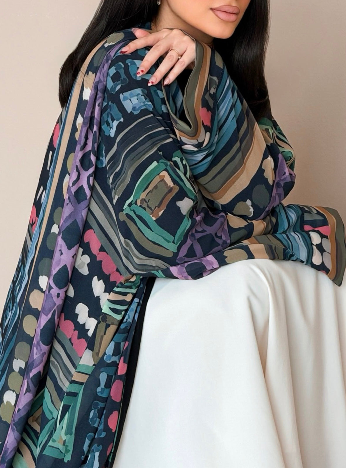 MEI789 - Abstract Geometric Print Half Bisht Abaya with Matching Headscarf