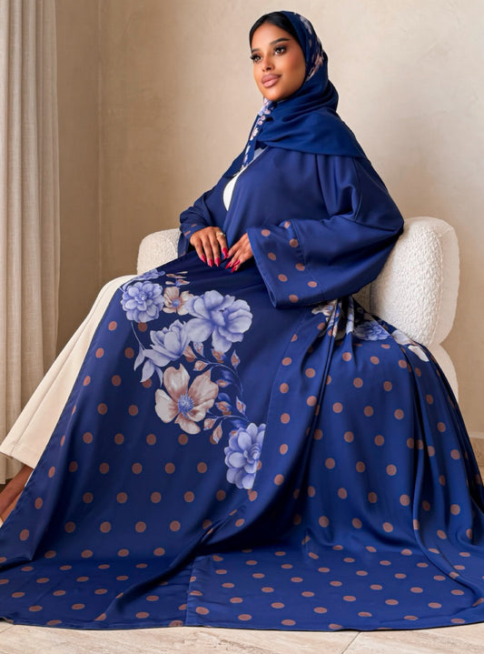 MEI740 - Sapphire Blue Half Bisht Polka Floral Abaya with Matching Headscarf