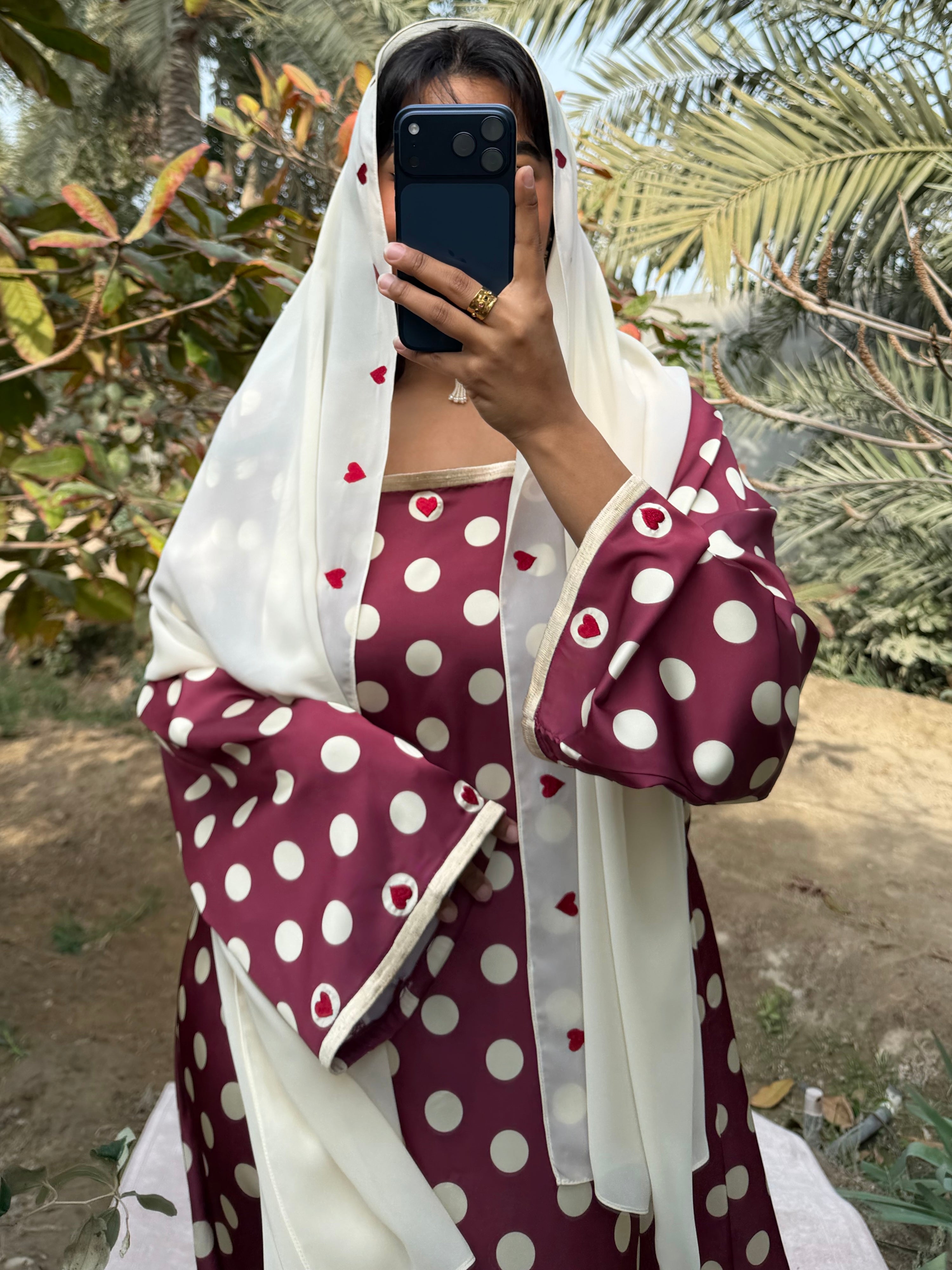 MEI693 - Maroon/Yellow Polka Dots & Hearts Embroidered Jalabiya with Headscarf