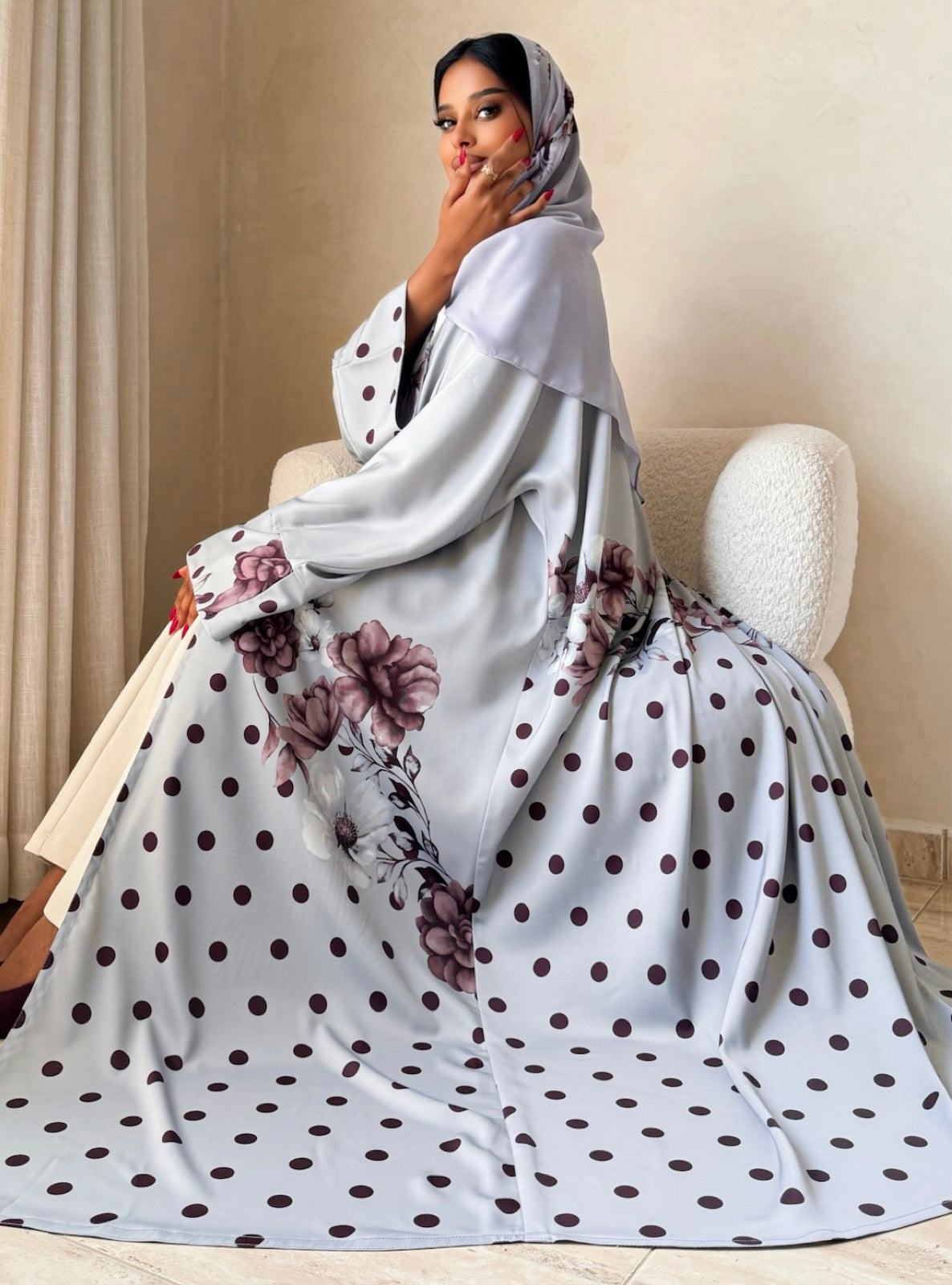 MEI741 - Grey Half Bisht Polka Floral Abaya with Matching Headscarf