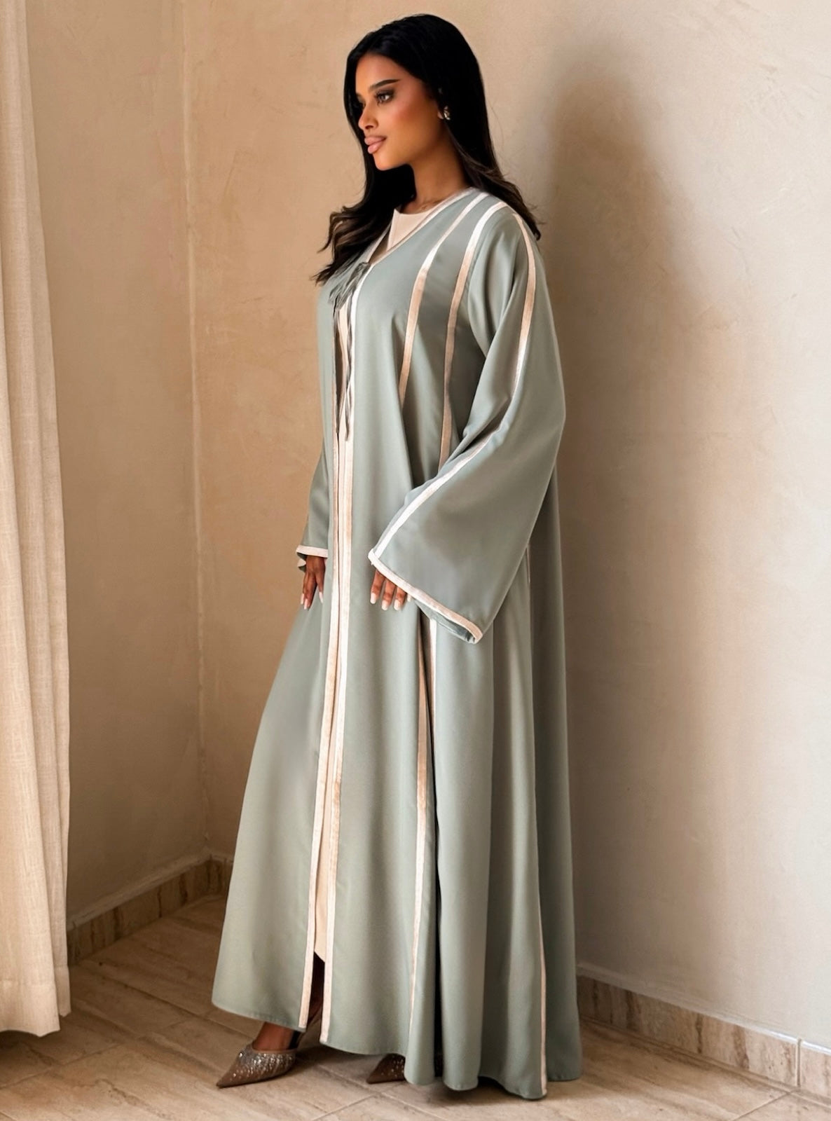 MEI738 - Light Turquoise A-Cut Abaya with Cream Embroidery & Matching Headscarf