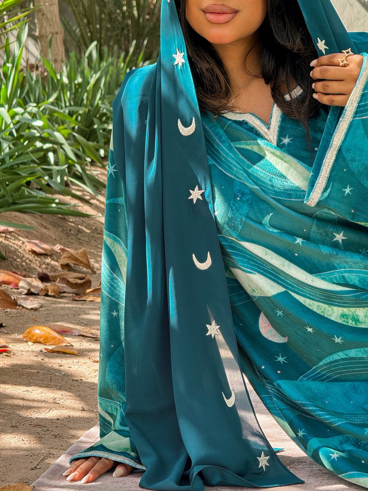 MEI706 - Green Stars & Moon Embroidered Jalabiya with Headscarf
